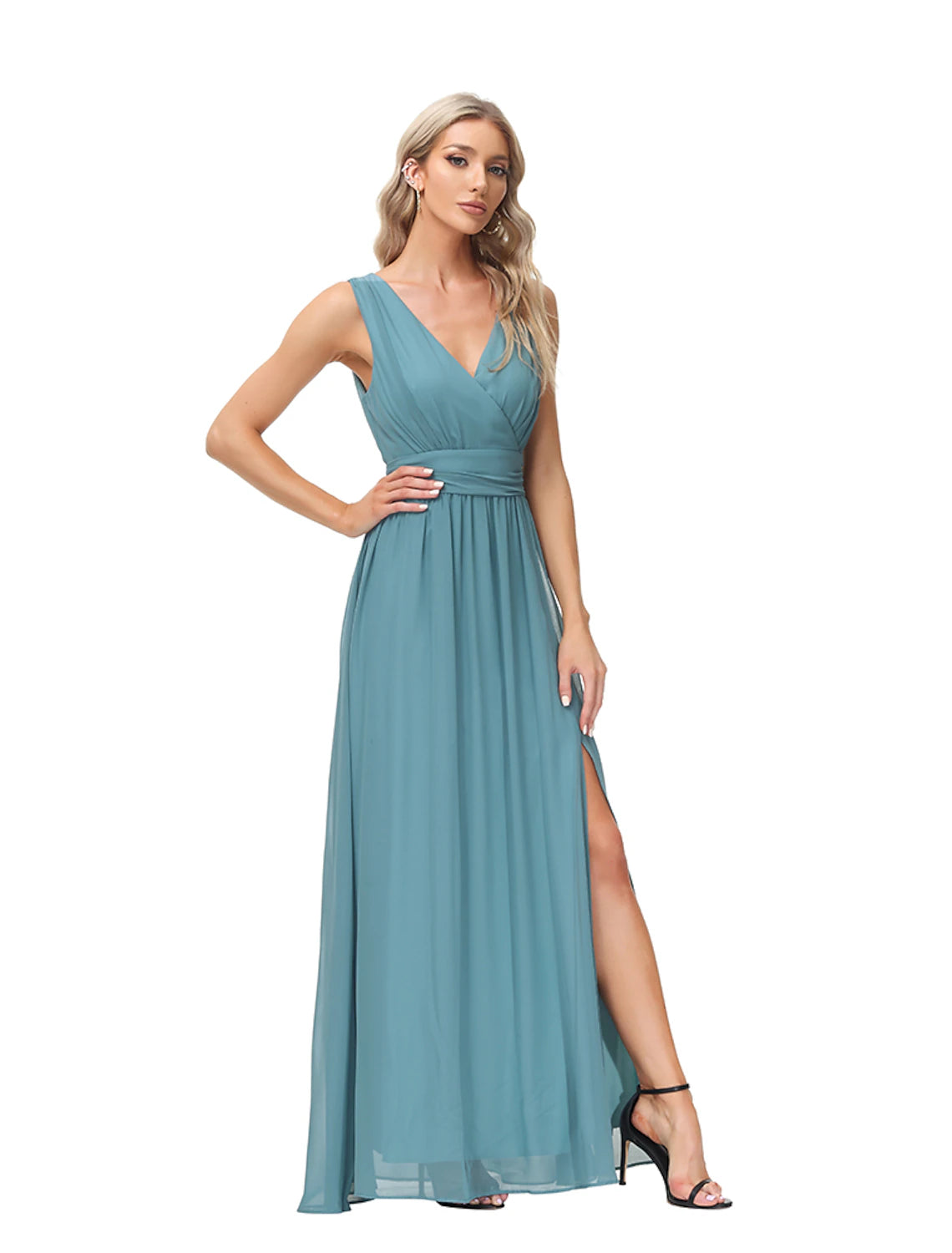 wholesale  A-Line Evening Gown Empire Dress Party Wear Wedding Guest Floor Length Sleeveless V Neck Bridesmaid Dress Chiffon V Back with Slit