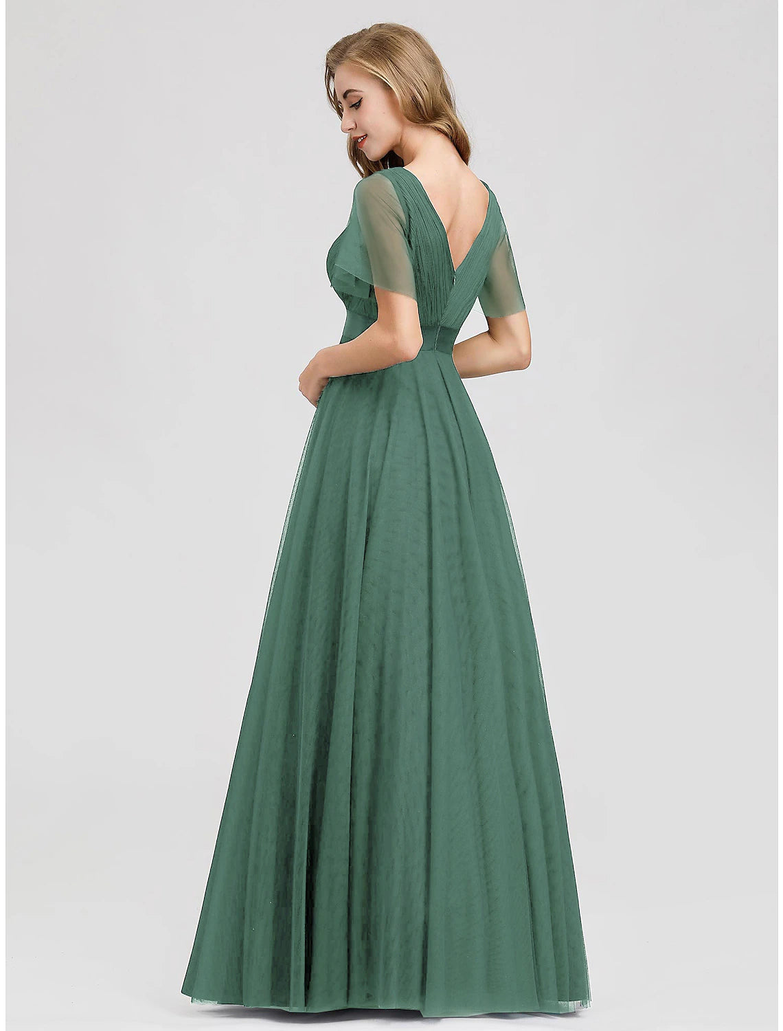 Wholesa A-Line Empire Wedding Guest Prom Dress V Neck V Back Short Sleeve Floor Length Chiffon with Pleats Ruched