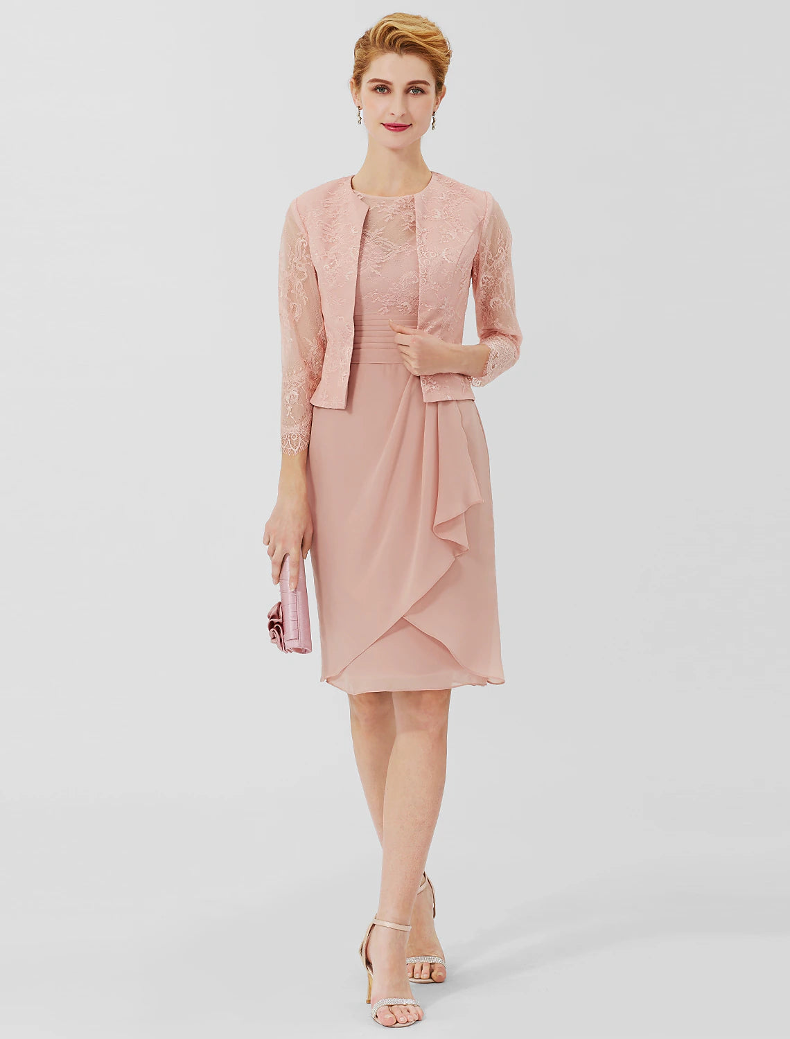 wholesale  Sheath / Column Mother of the Bride Dress Formal Classic & Timeless Elegant & Luxurious Convertible Dress Jewel Neck Knee Length Chiffon Sheer Lace 3/4 Length Sleeve with Sash / Ribbon