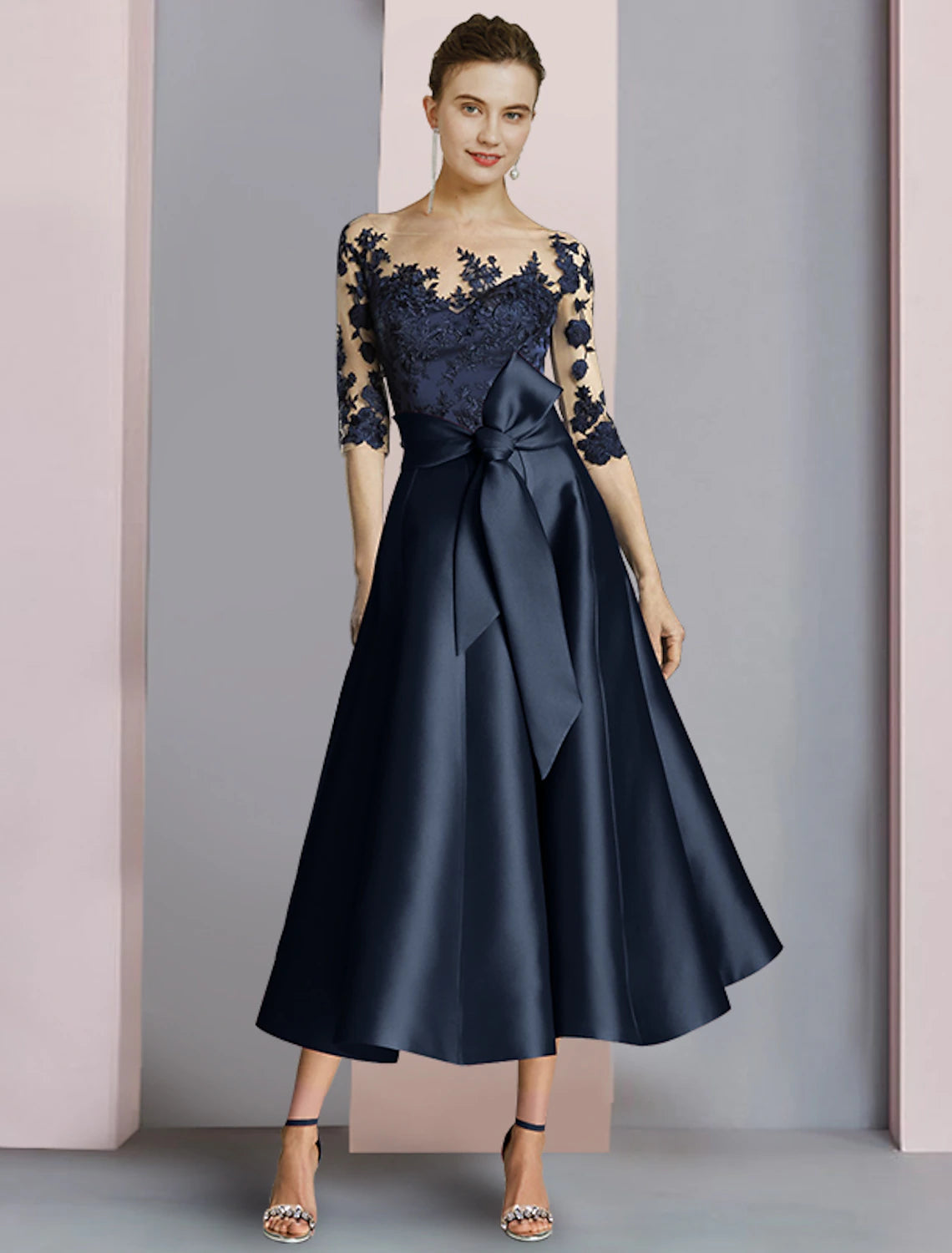 wholesale  Sheath / Column Mother of the Bride Dress Fall Wedding Guest Party Elegant Scoop Neck Ankle Length Satin Lace Half Sleeve with Bow(s) Pleats