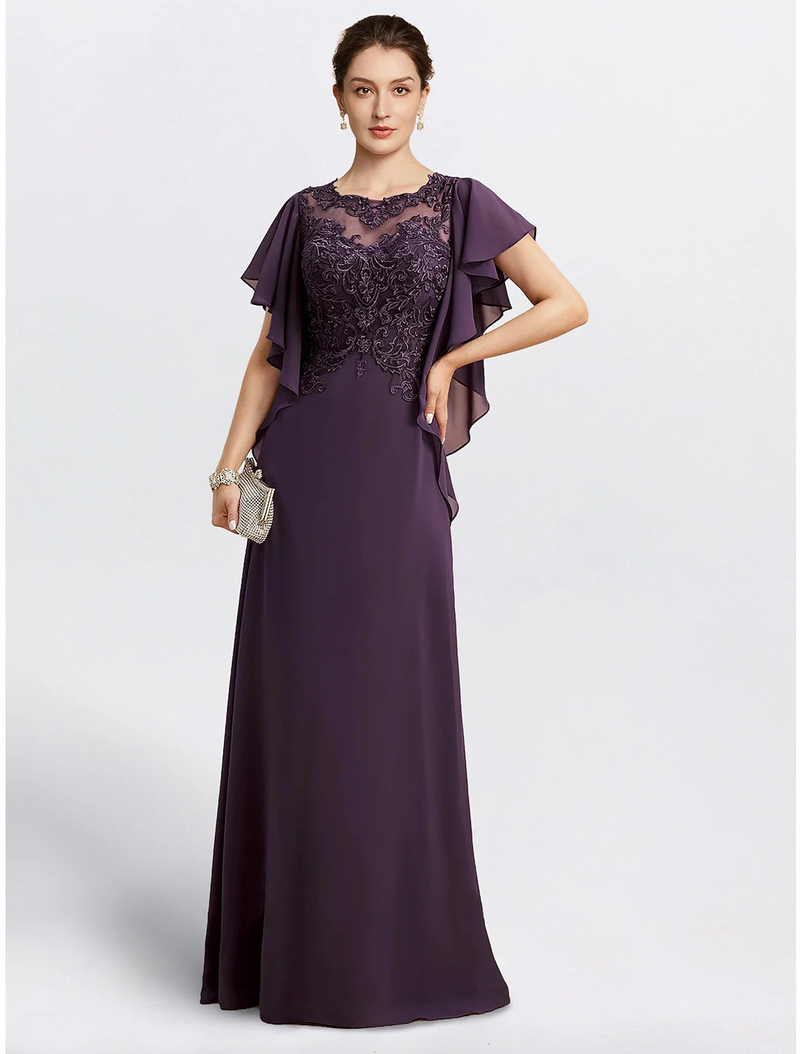 Wholesa Sheath Mother of the Bride Dress Cape Dress Formal Wedding Guest Elegant Jewel Neck Floor Length Chiffon Short Sleeve with Beading Appliques