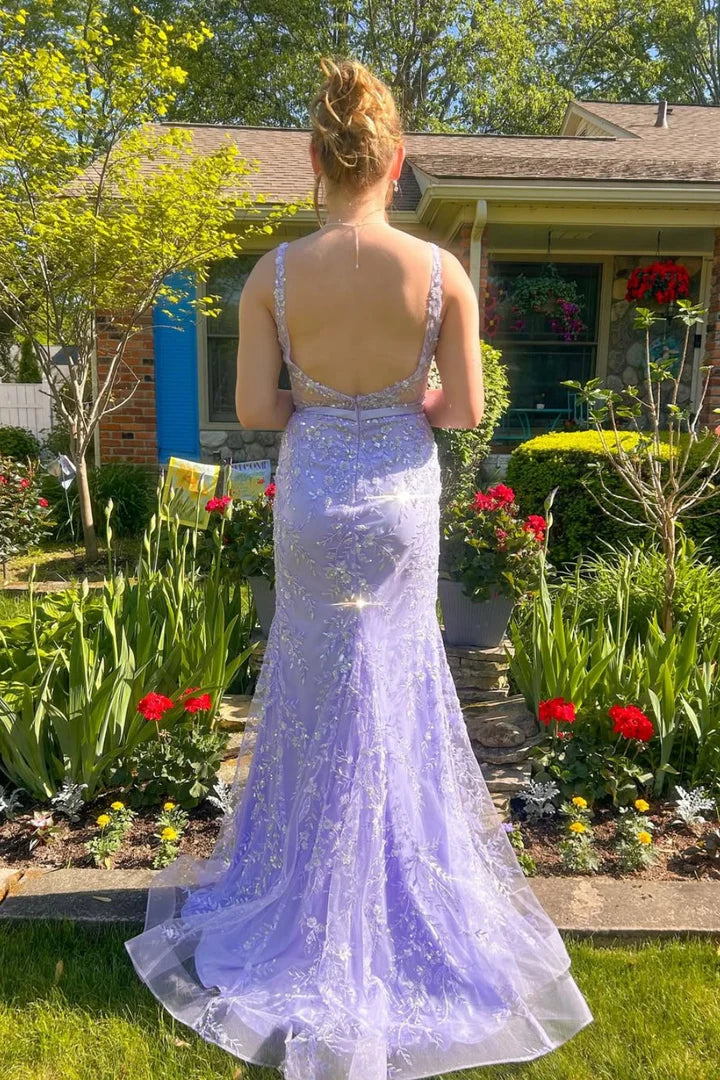 Enchanting Corset-Back Lavender Lace Mermaid Prom Dress