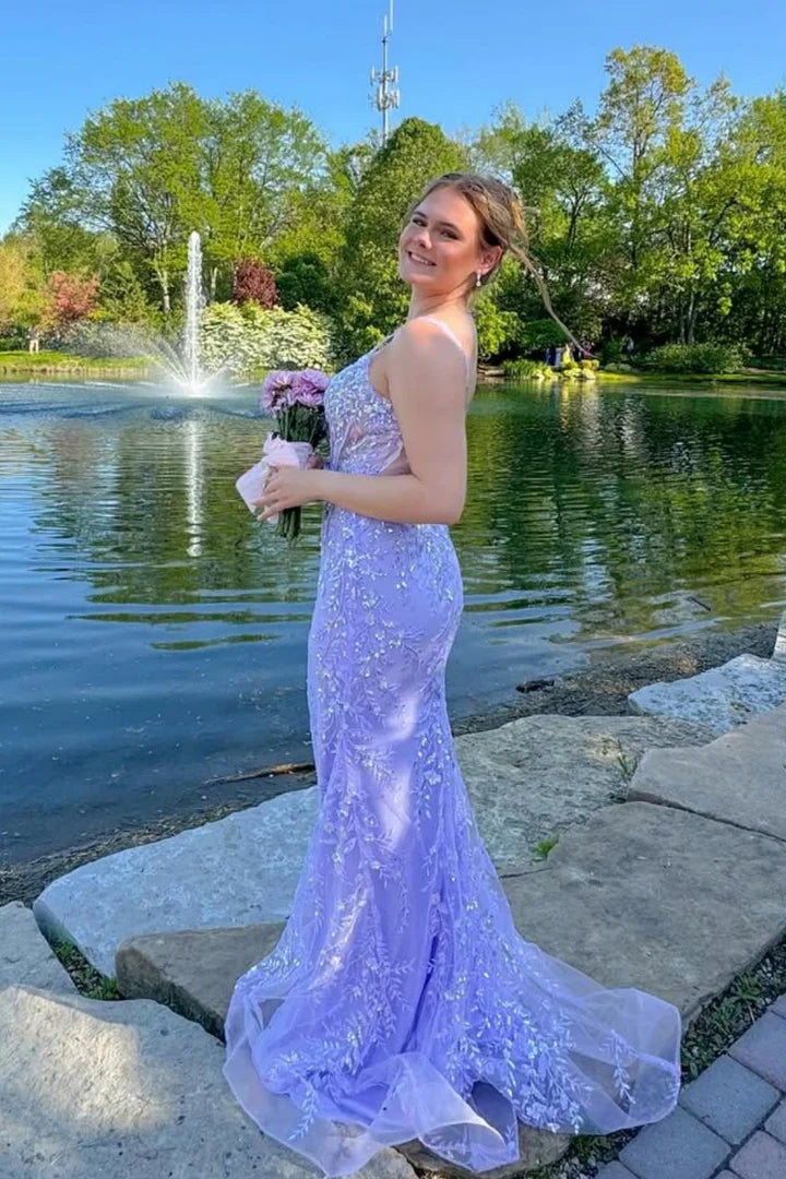Enchanting Corset-Back Lavender Lace Mermaid Prom Dress