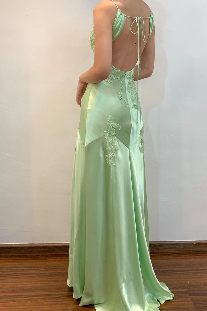 Enchanting Lace-Appliquéd Light Green Open-Back Prom Dress
