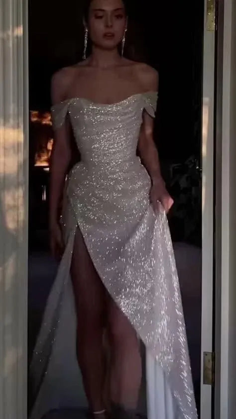 Enchanting Off-the-Shoulder Sequin White Mermaid Prom Dress