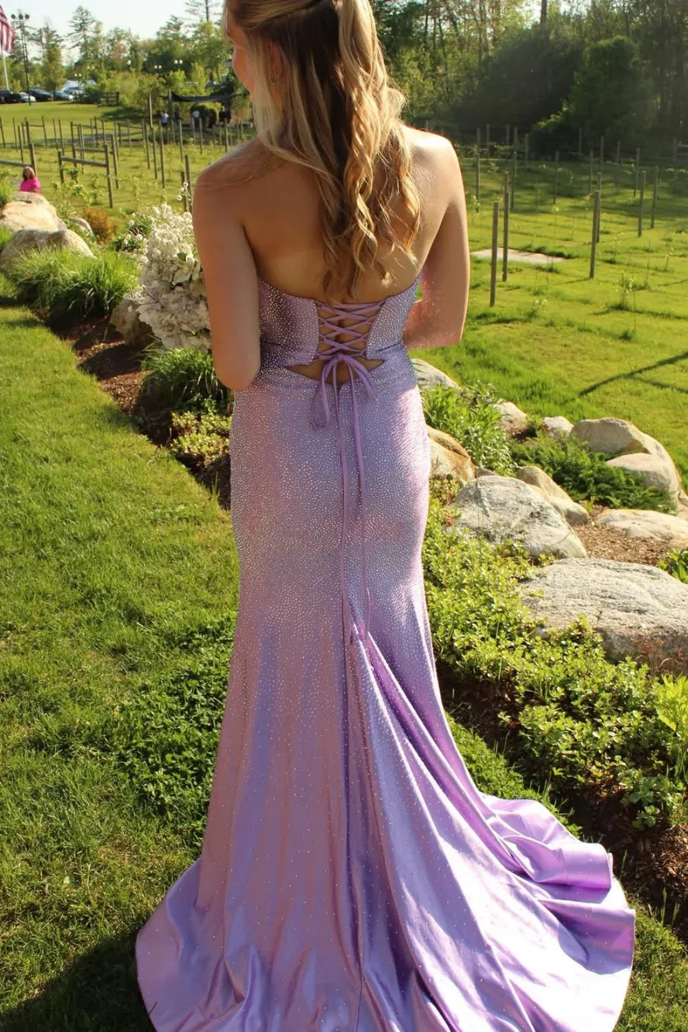 Enchanting Strapless Cut-Out Rhinestone Lavender Mermaid Prom Dress