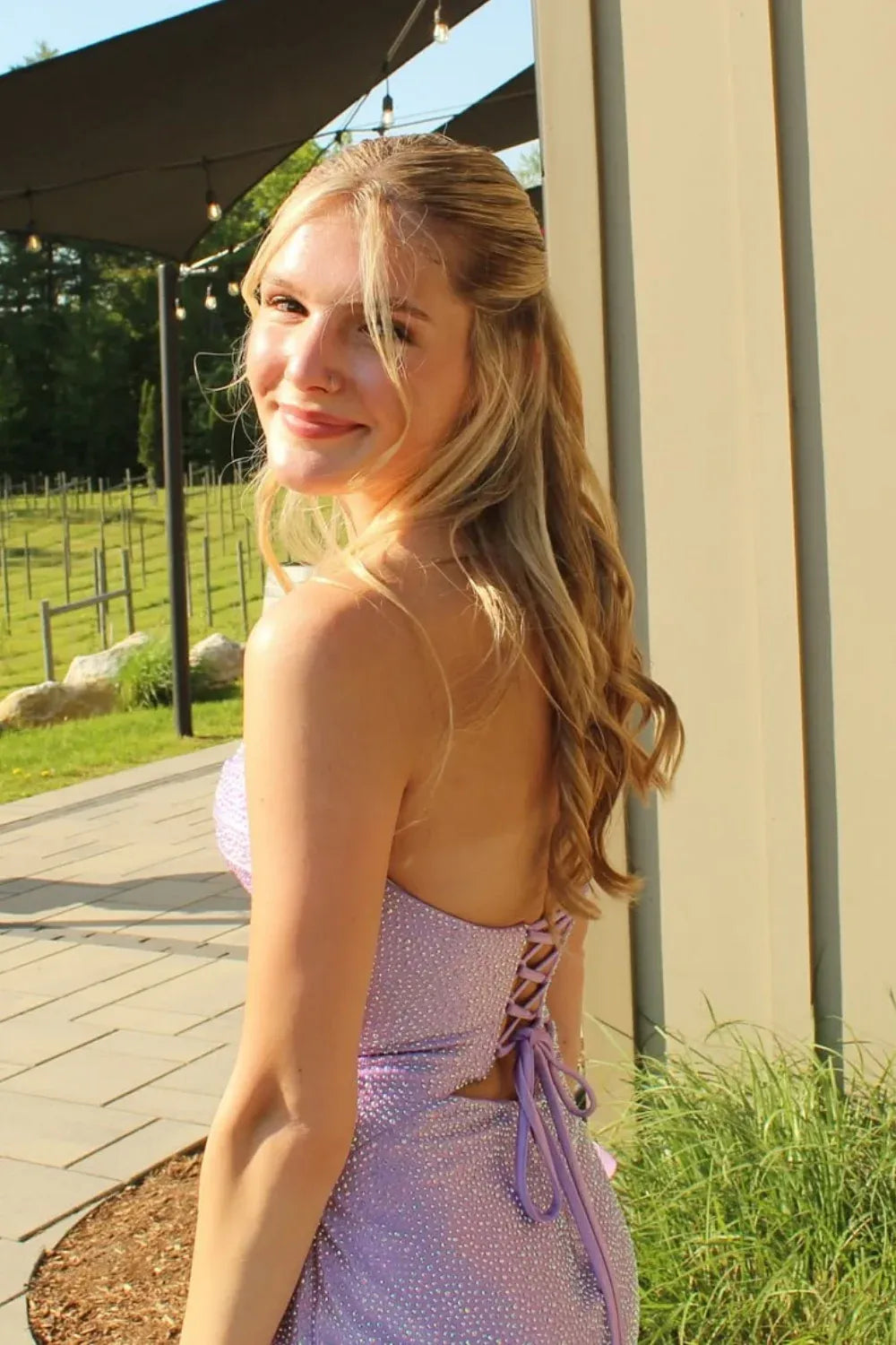 Enchanting Strapless Cut-Out Rhinestone Lavender Mermaid Prom Dress