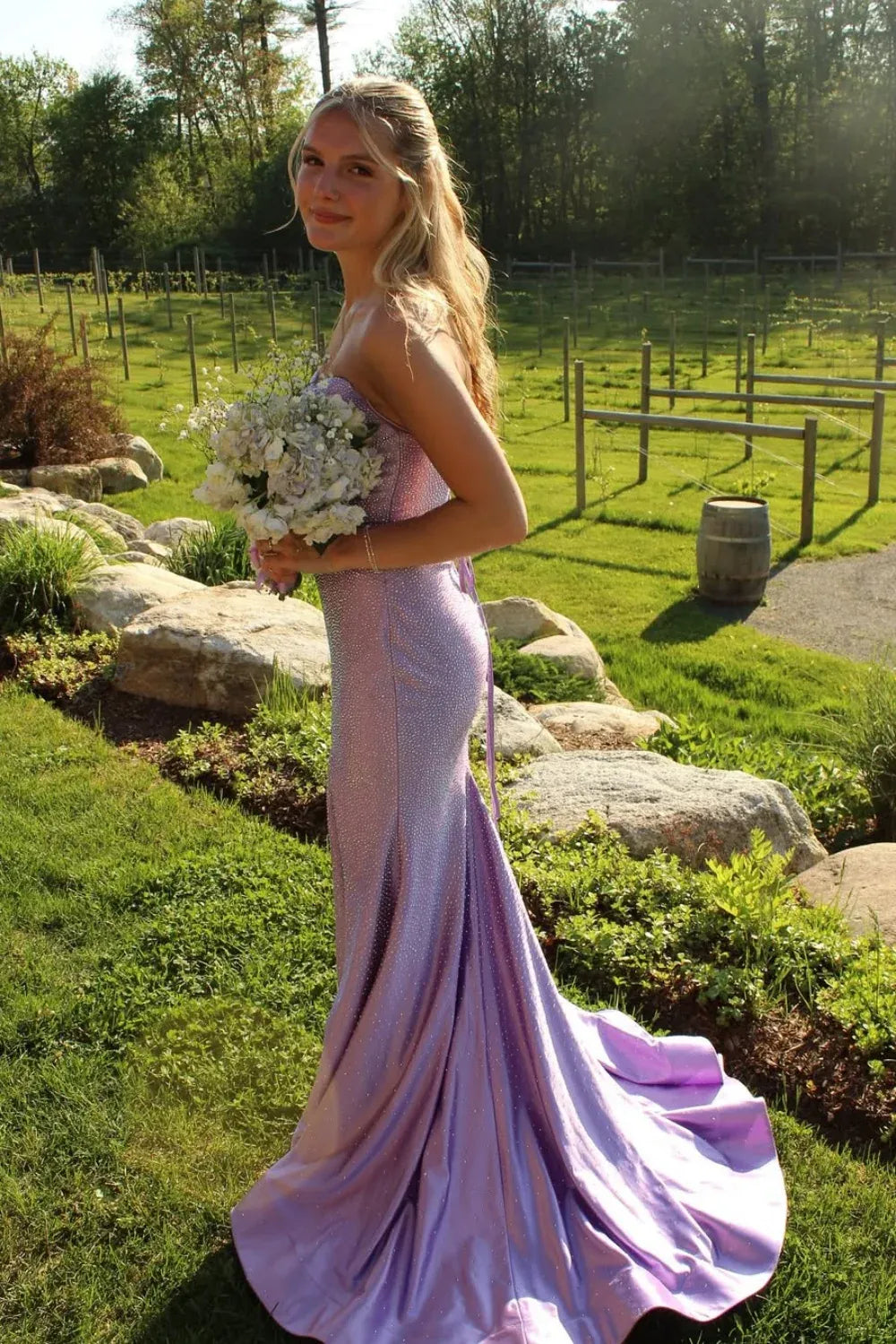 Enchanting Strapless Cut-Out Rhinestone Lavender Mermaid Prom Dress