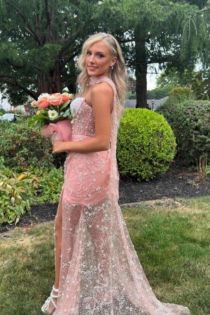 Enchanting Strapless Pearl-Embellished High-Slit Tulle Prom Dress