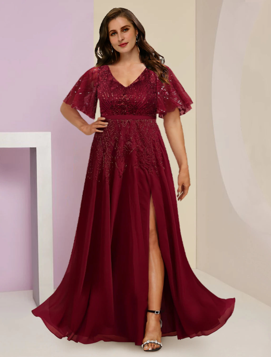 wholesale  Mother of the Bride Dresses Plus Size Curve Hide Belly Wedding Guest Elegant Sparkle & Shine V Neck Floor Length Chiffon Lace Sequined Short Sleeve with Pleats Split Front
