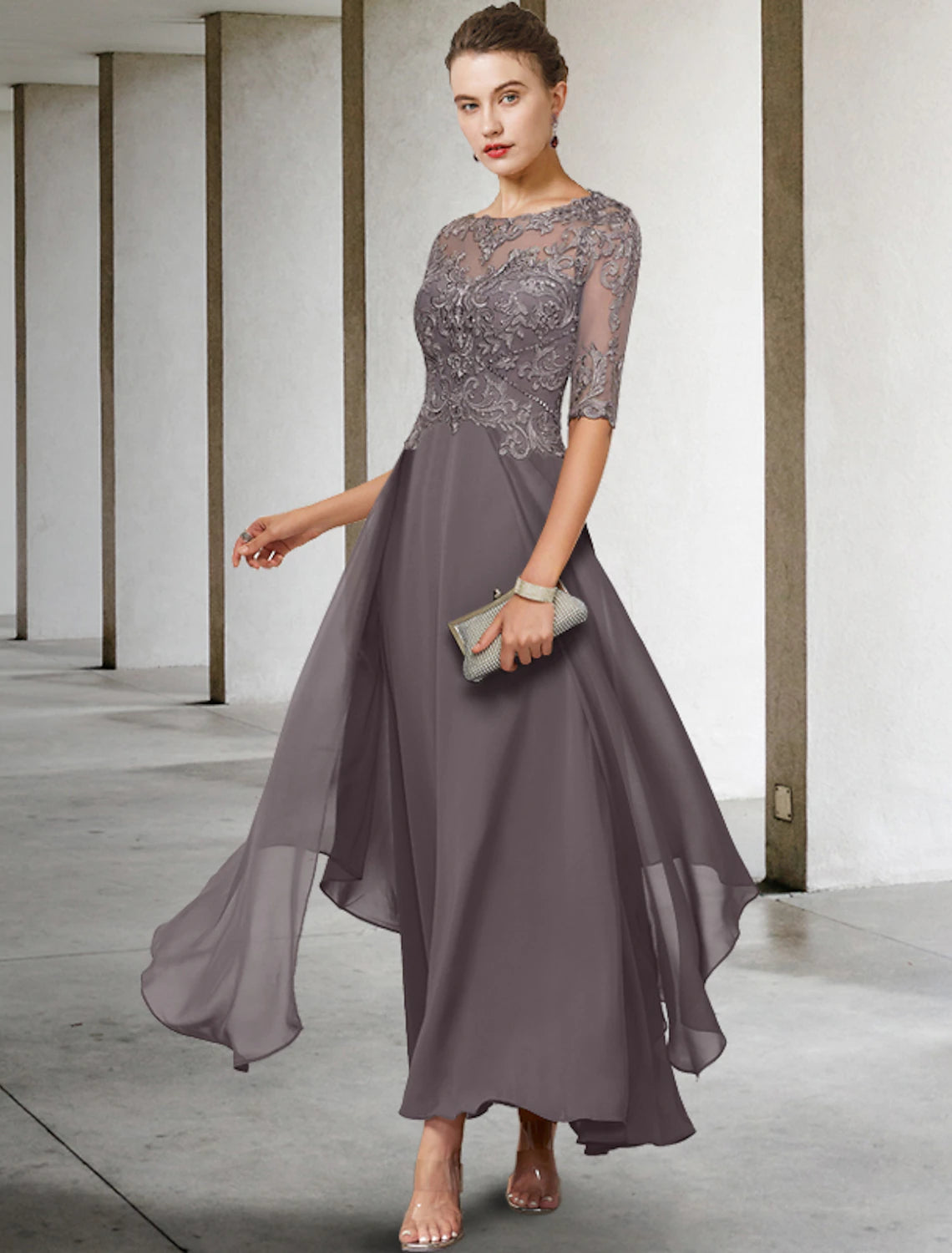 wholesale  A-Line Mother of the Bride Dress Formal Wedding Guest Elegant Scoop Neck Asymmetrical Ankle Length Chiffon Lace Half Sleeve No with Beading Appliques