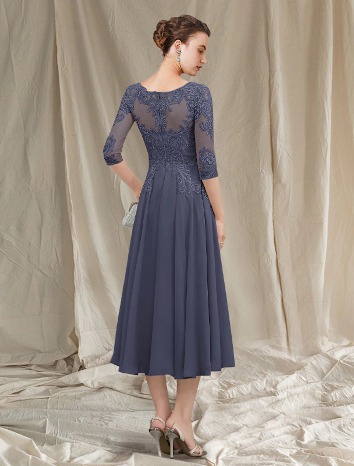 wholesale  A-Line Mother of the Bride Dress Elegant Jewel Neck Tea Length Chiffon Lace Half Sleeve with Pleats Appliques