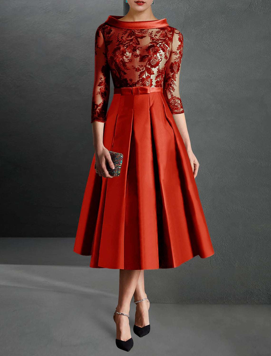 Wholesa A-Line Cocktail Dress Red Green Dresses Formal Kentucky Derby Tea Length 3/4 Length Sleeve Jewel Neck Fall Wedding Guest Satin with Pleats Appliques