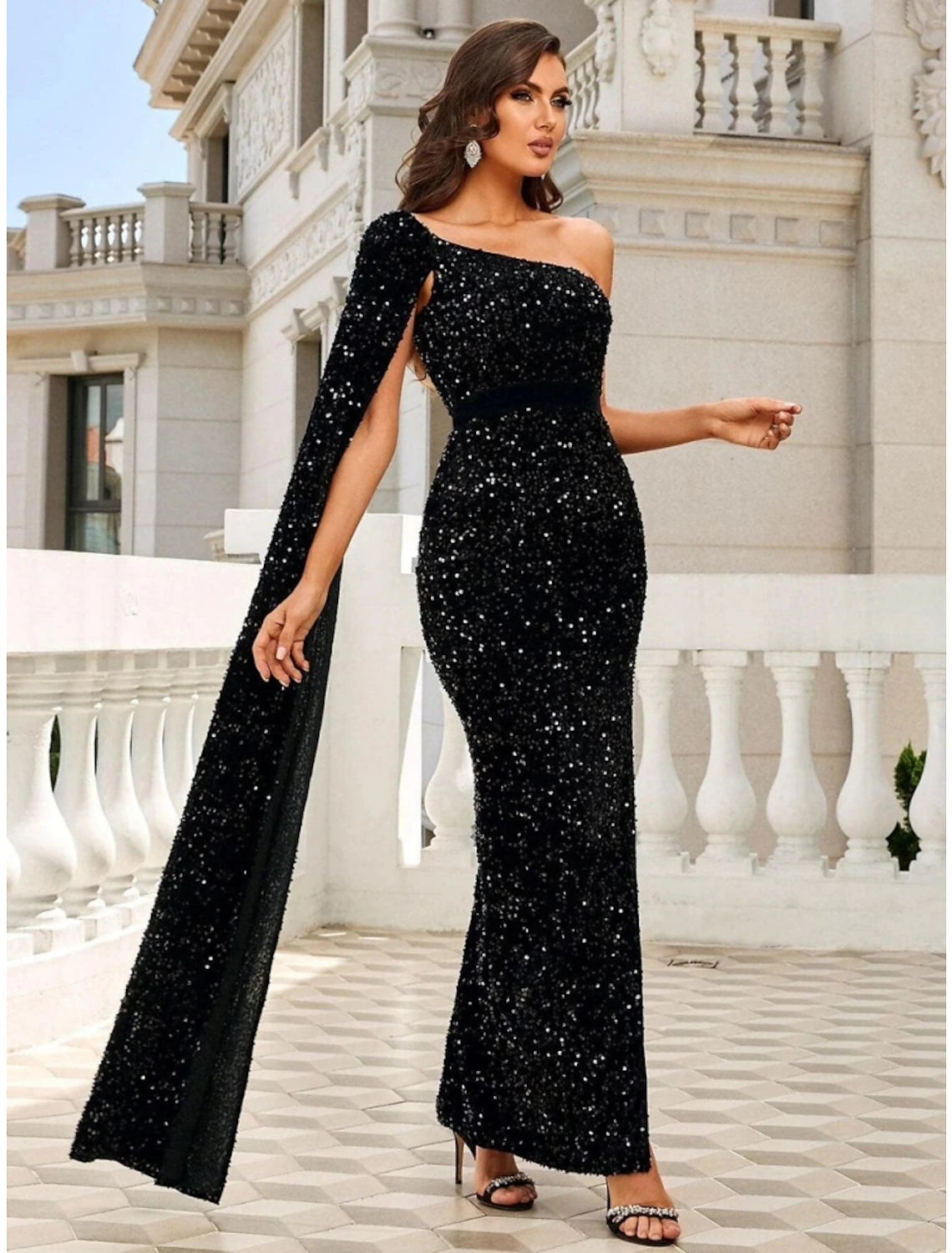 Wholesa Mermaid / Trumpet Evening Gown Elegant Dress Formal Ankle Length Sleeveless One Shoulder Sequined with Glitter Slit