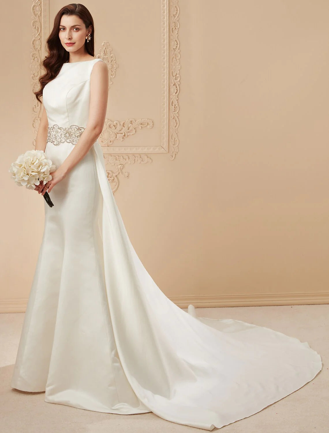Wholesa Wedding Dresses Chapel Train Mermaid / Trumpet Sleeveless Scoop Neck Satin With Beading