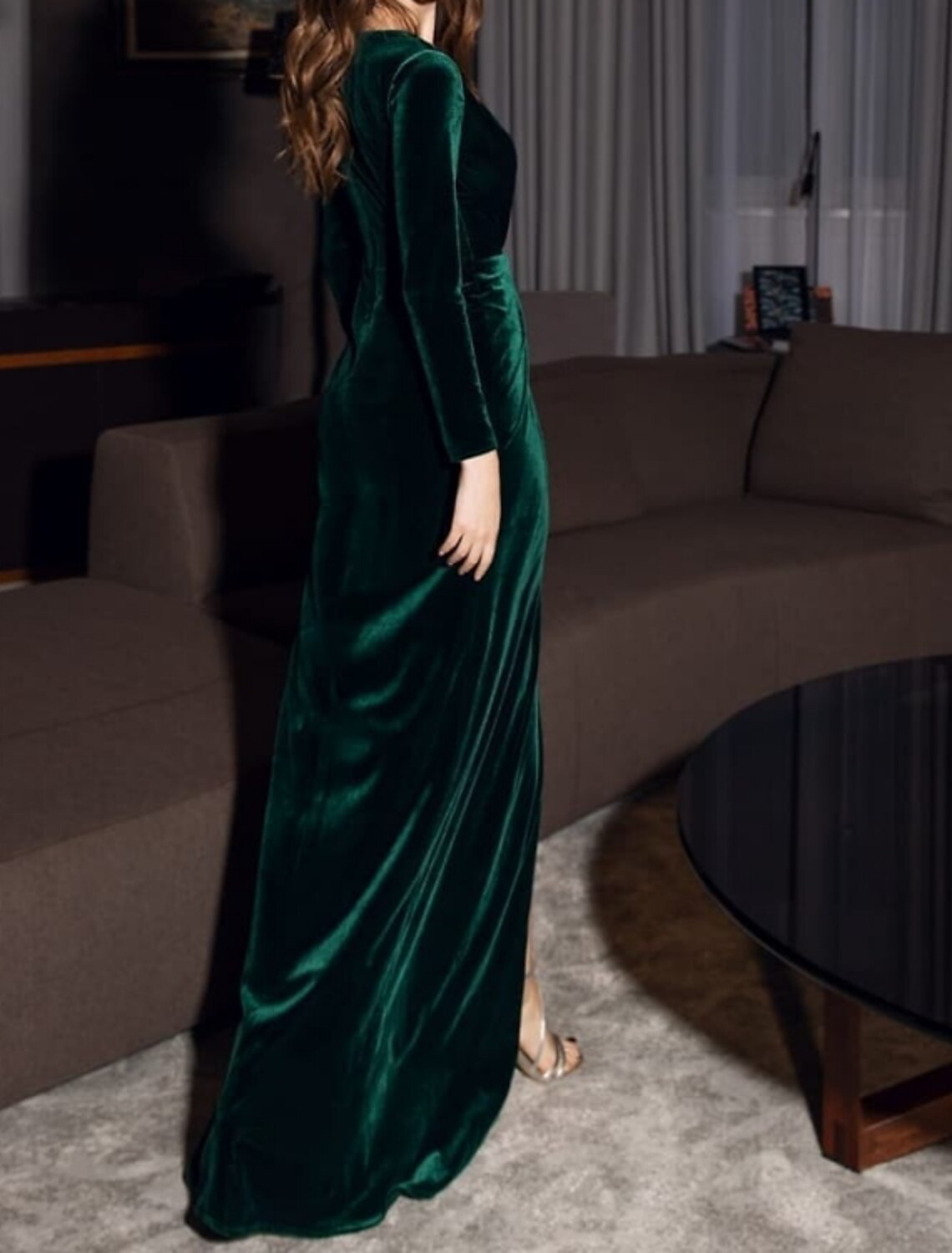 Wholesa Sheath Evening Gown Vintage Dress Red Green Dress Formal Evening Floor Length Long Sleeve V Neck Fall Wedding Guest Velvet with Draping Slit