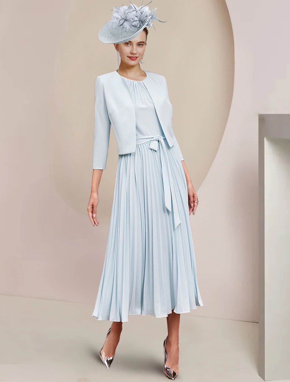 wholesale  Two Piece A-Line Mother of the Bride Dress Wedding Guest Party Vintage Elegant Scoop Neck Tea Length Chiffon Sleeveless Wrap Included with Bow(s) Pleats