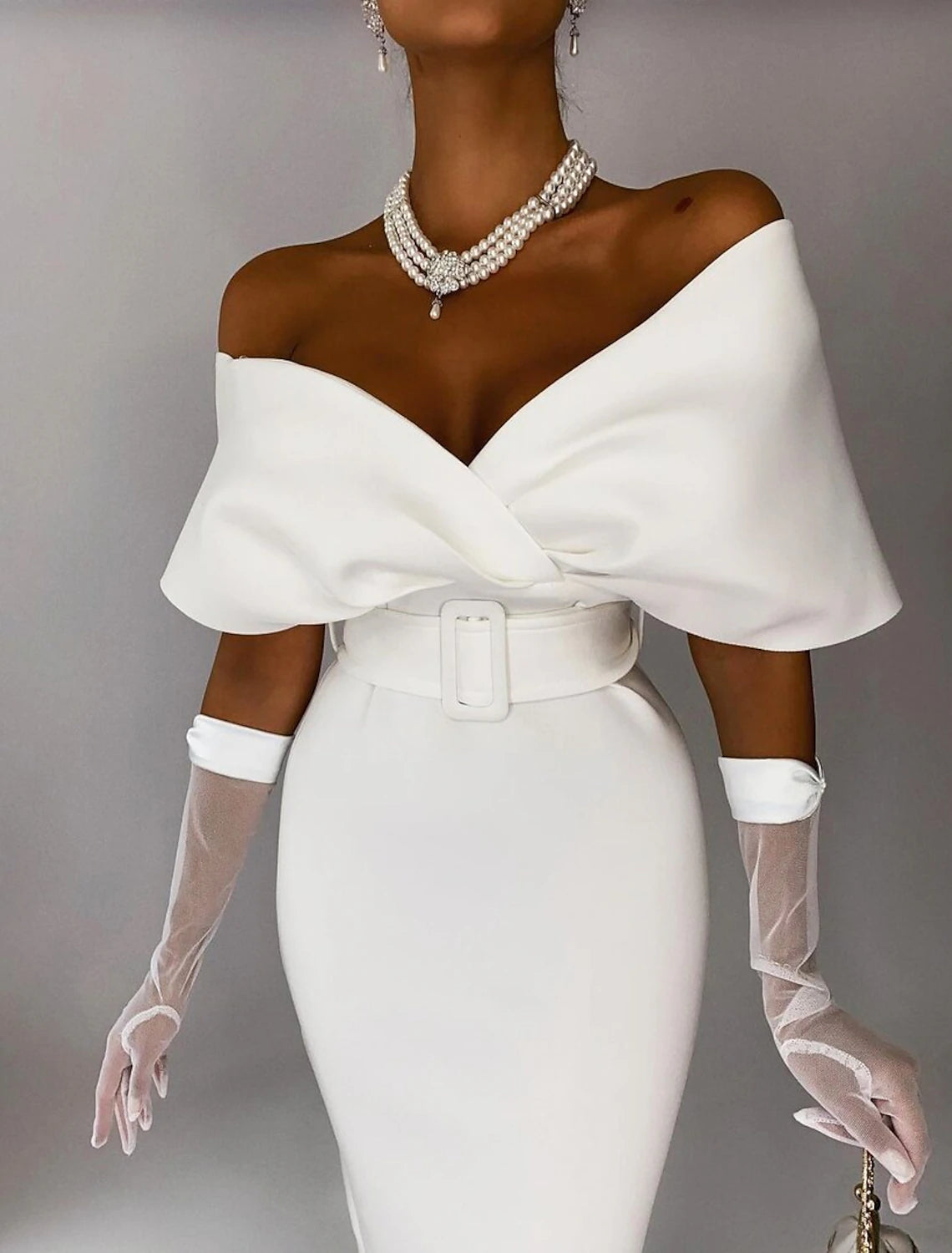 Wholesa Sheath / Column Cocktail Dresses Elegant Dress Wedding Guest Party Wear Tea Length Sleeveless Off Shoulder Stretch Fabric with Sash / Ribbon