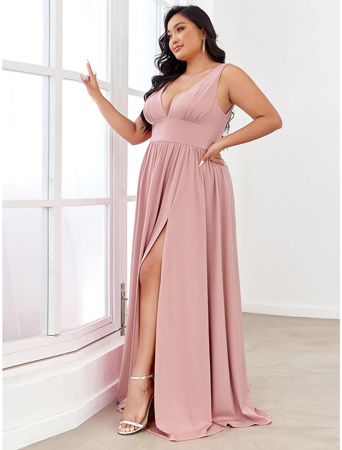 wholesale  A-Line Prom Party Dress High Split Dress Wedding Guest Formal Evening Floor Length Sleeveless V Neck Bridesmaid Dress Chiffon V Back with Slit Pure Color