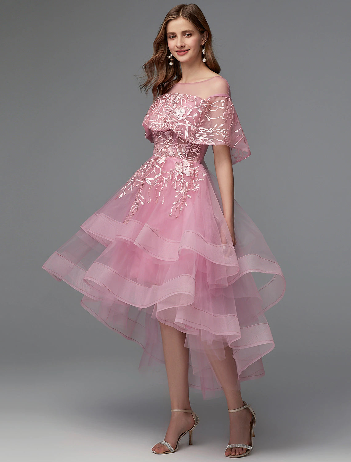 Wholesa A-Line Elegant Dress Holiday Wedding Guest Asymmetrical Sleeveless Illusion Neck Lace Tie Back with Lace Insert