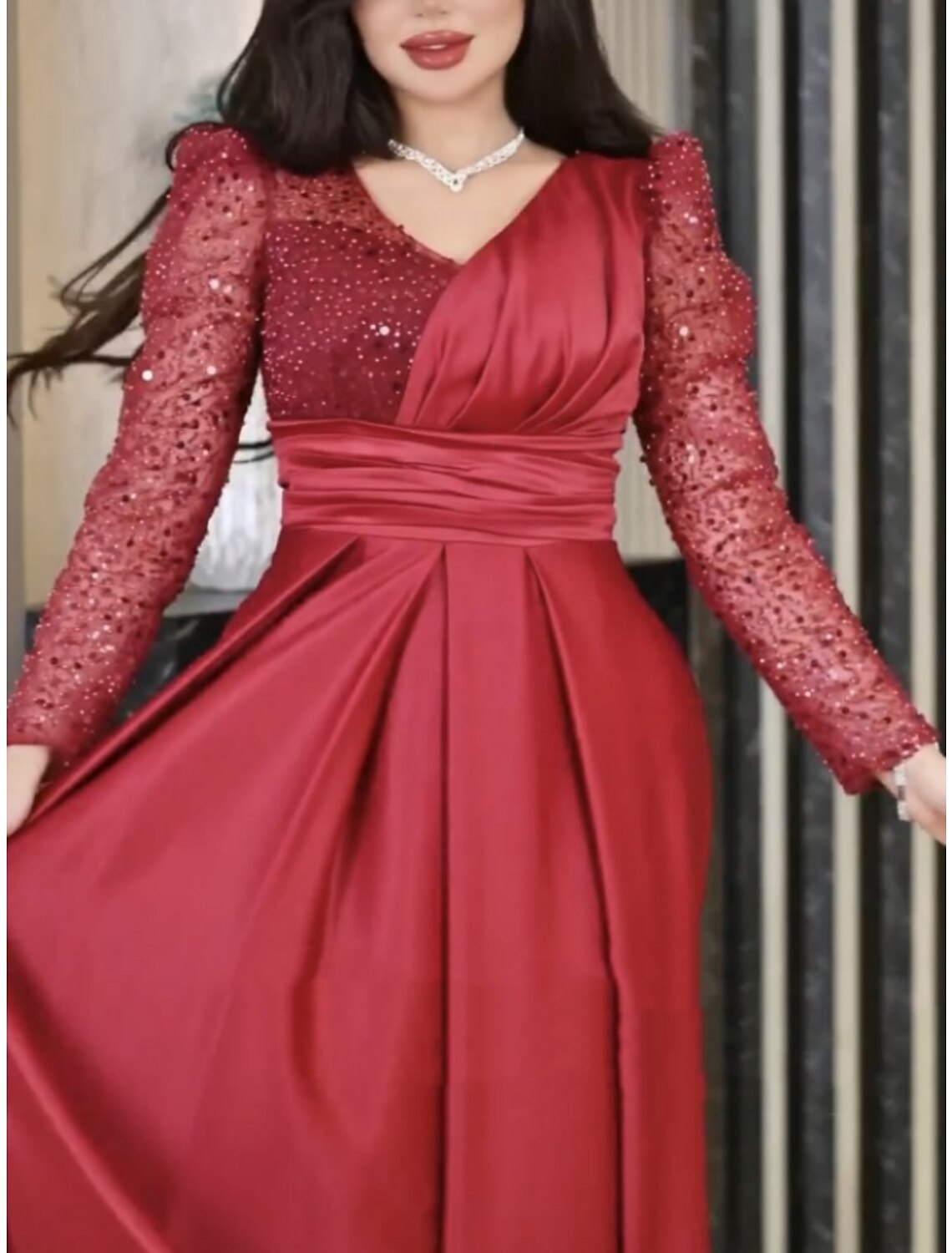 Wholesa A-Line Evening Gown Elegant Dress Formal Sweep / Brush Train Long Sleeve V Neck Satin with Pleats Ruched Sequin