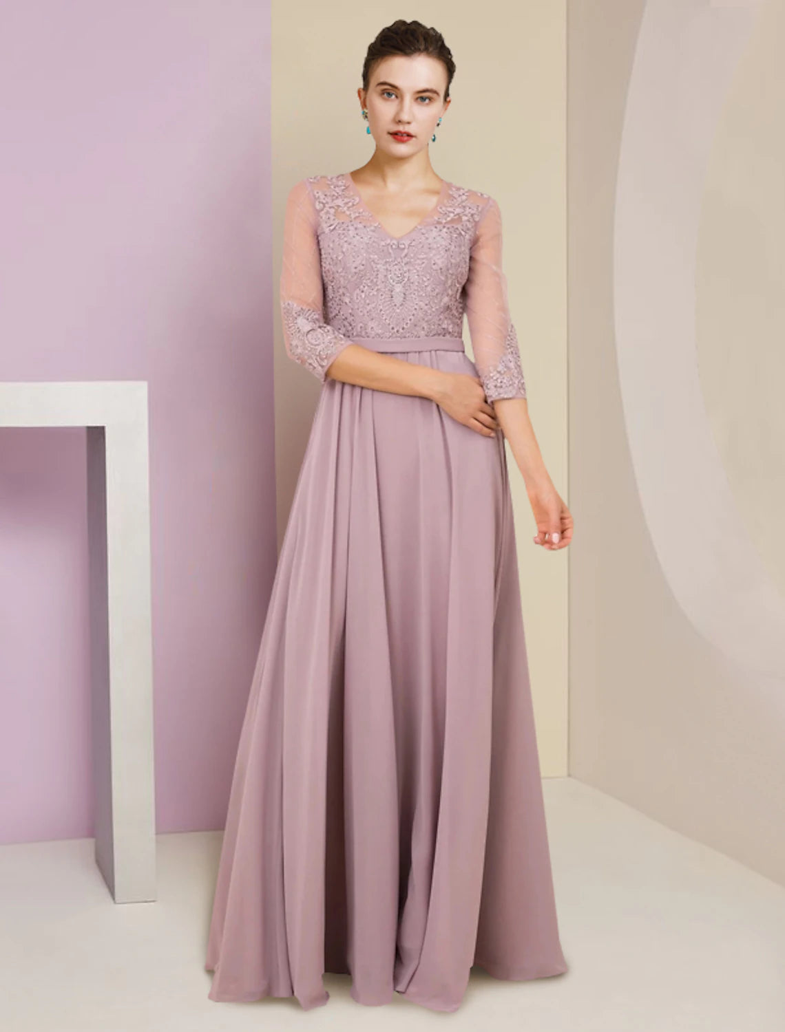 wholesale   A-Line Mother of the Bride Dress Formal Wedding Guest Elegant V Neck Floor Length Chiffon Lace 3/4 Length Sleeve with Pleats Appliques