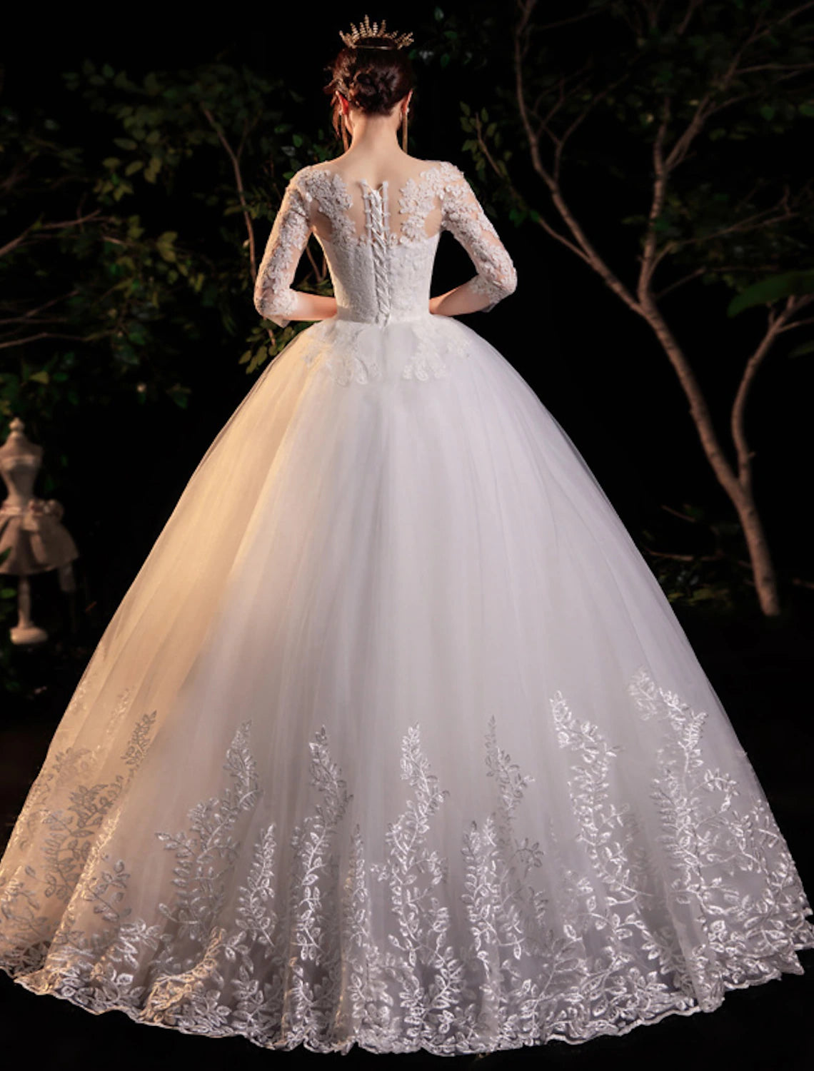wholesale  Reception Formal Wedding Dresses Ball Gown Illusion Neck Half Sleeve Floor Length Lace Bridal Gowns With Appliques