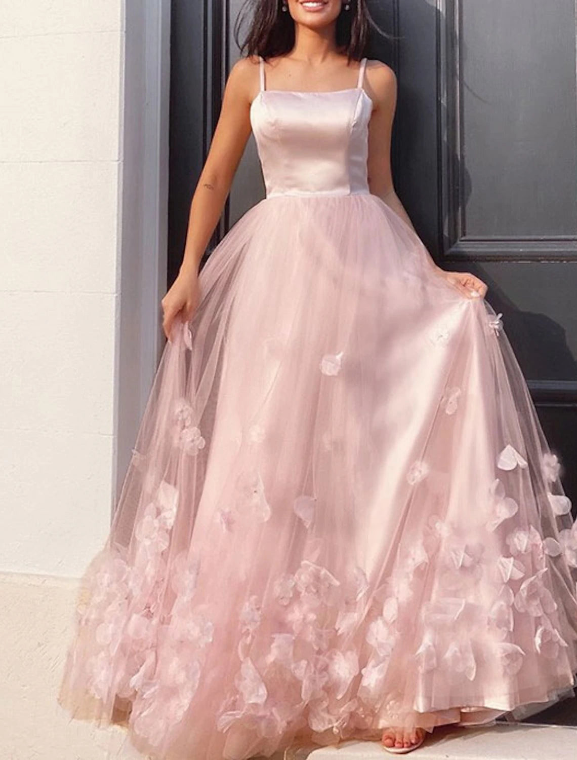 Wholesa A-Line Prom Party Dress Floral Dress Performance Sweet 16 Floor Length Sleeveless Spaghetti Strap Tulle with Pleats Appliques