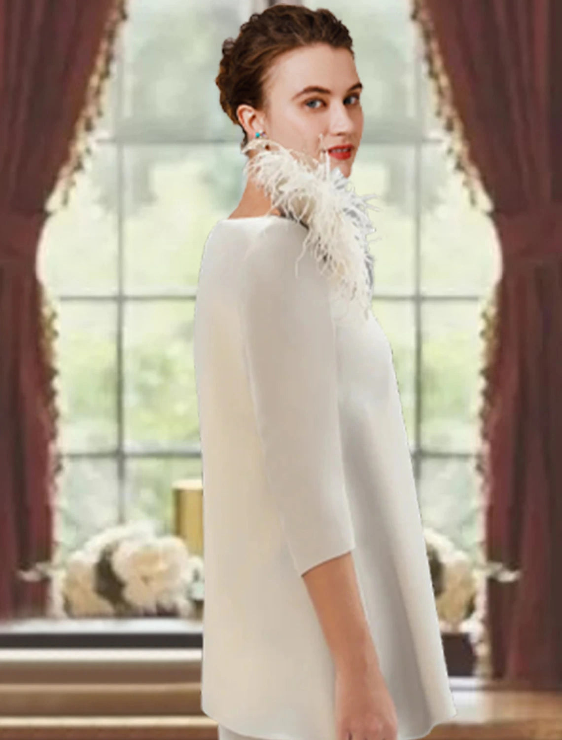 wholesale Sheath / Column Mother of the Bride Dress Formal Wedding Guest Elegant Scoop Neck Sweep / Brush Train Stretch Fabric 3/4 Length Sleeve with Feather