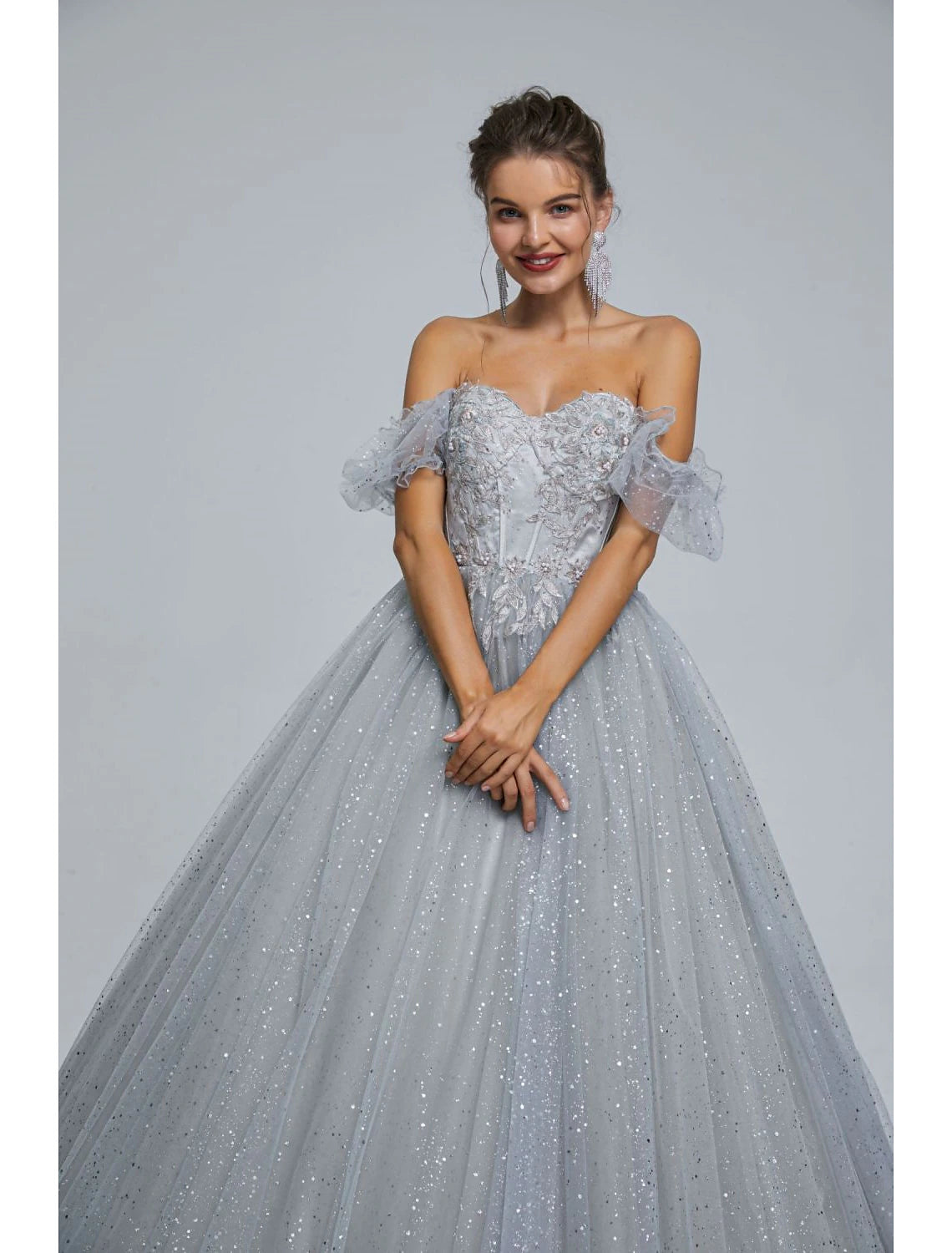 Wholesa Ball Gown Prom Dresses Princess Dress Graduation Quinceanera Floor Length Short Sleeve Sweetheart Tulle with Sequin Appliques