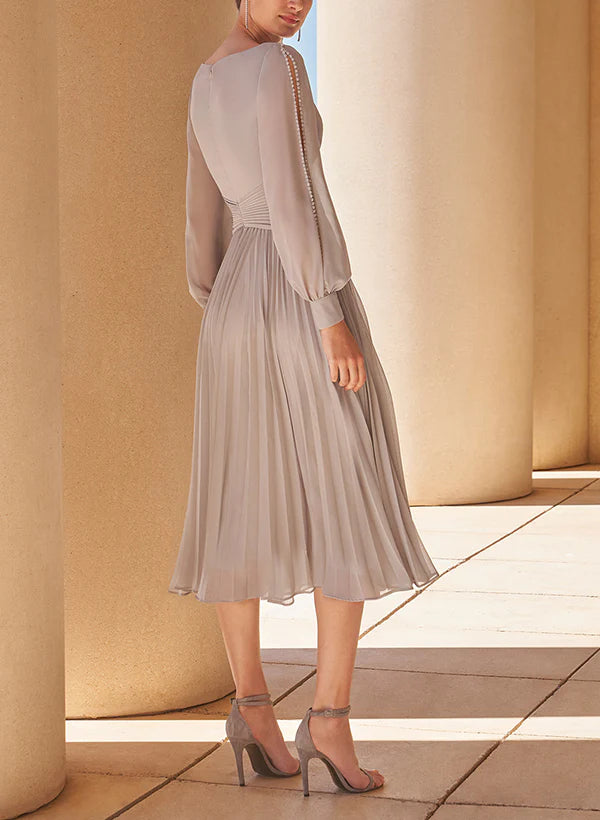 Wholesa A-Line V-Neck Long Sleeves Tea-Length Chiffon Mother Of The Bride Dresses