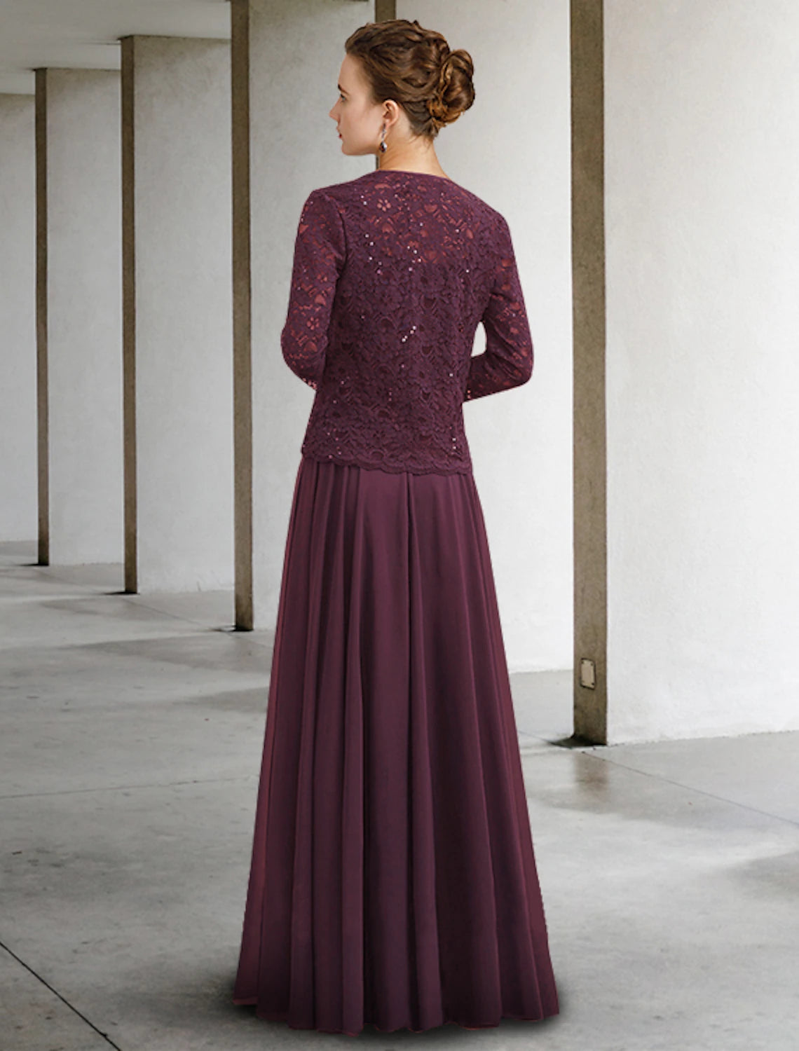 Wholesa Two Piece A-Line Mother of the Bride Dress Elegant Jewel Neck Floor Length Chiffon Lace Half Sleeve with Pleats