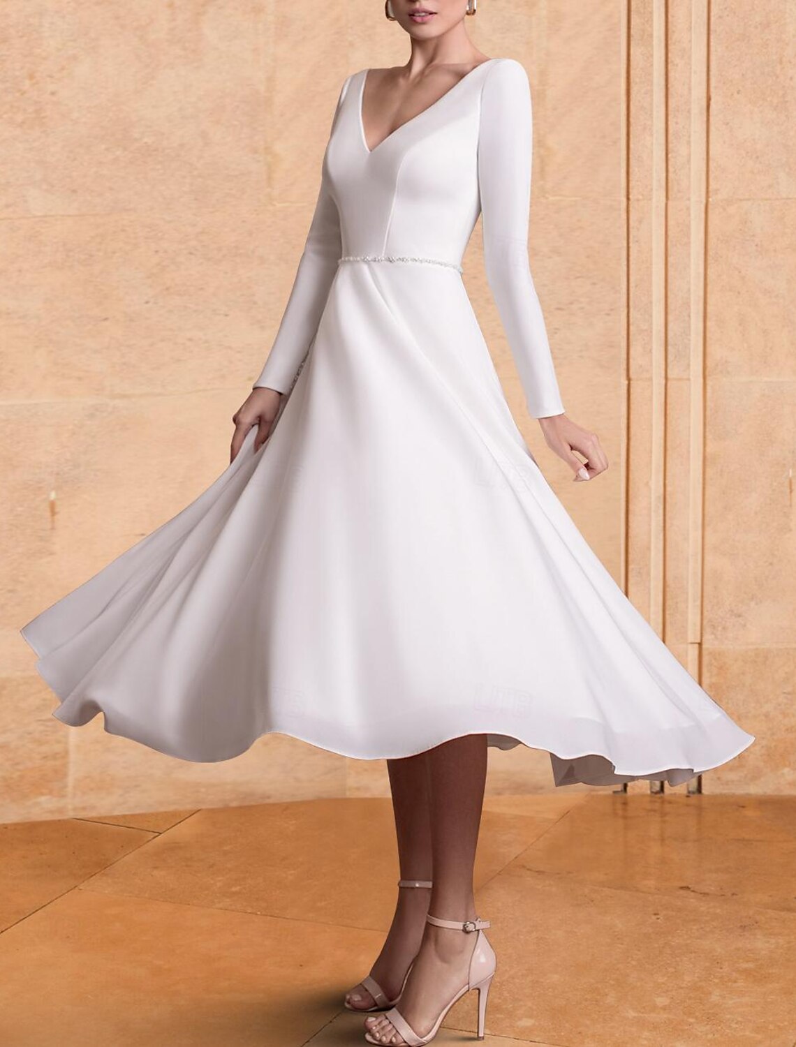 Wholesa Little White Dresses Wedding Dresses A-Line V Neck Long Sleeve Tea Length Chiffon Bridal Gowns With Pleats Solid Color