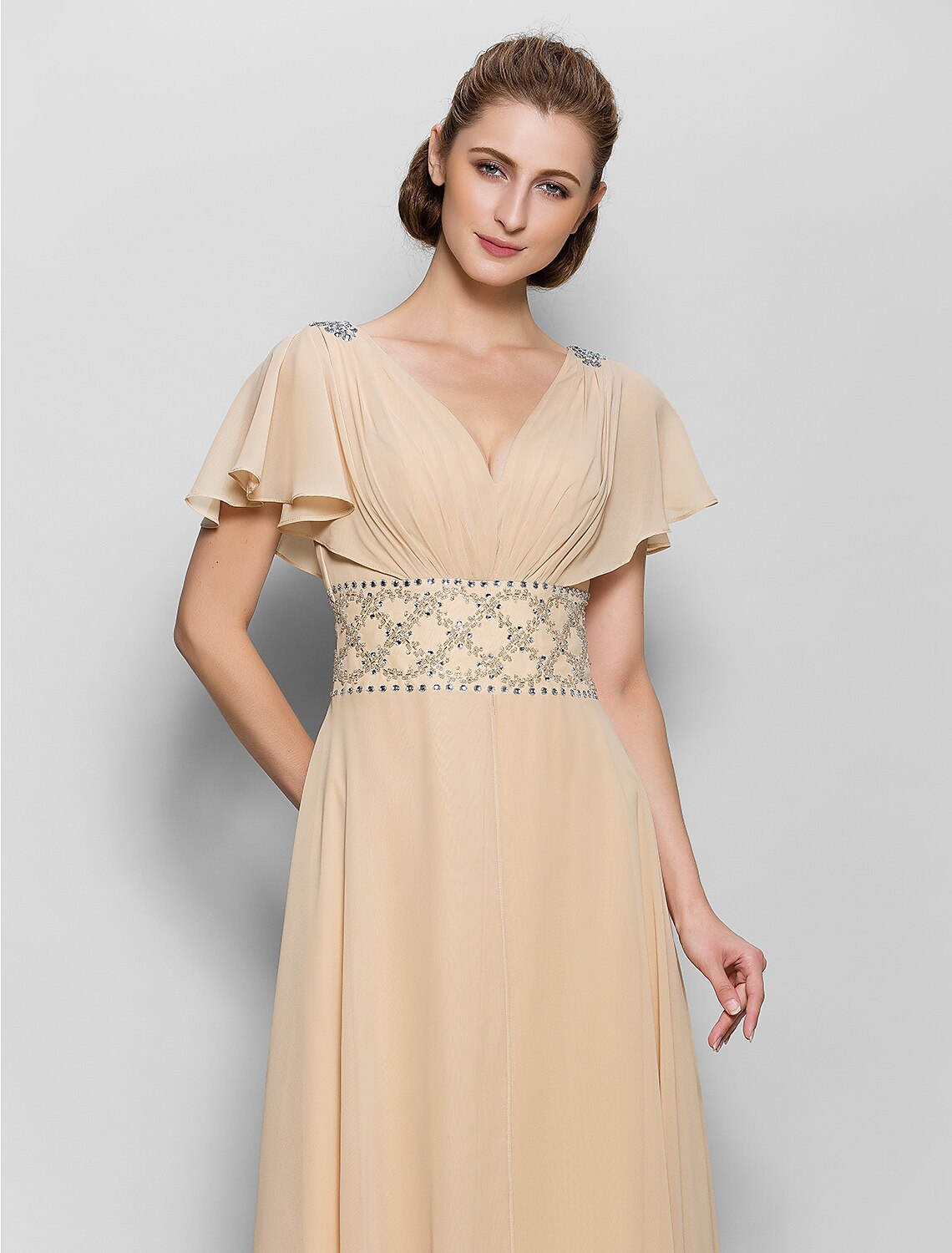 wholesale  A-Line Mother of the Bride Dress Beautiful Back V Neck Floor Length Chiffon Short Sleeve No with Criss Cross Beading