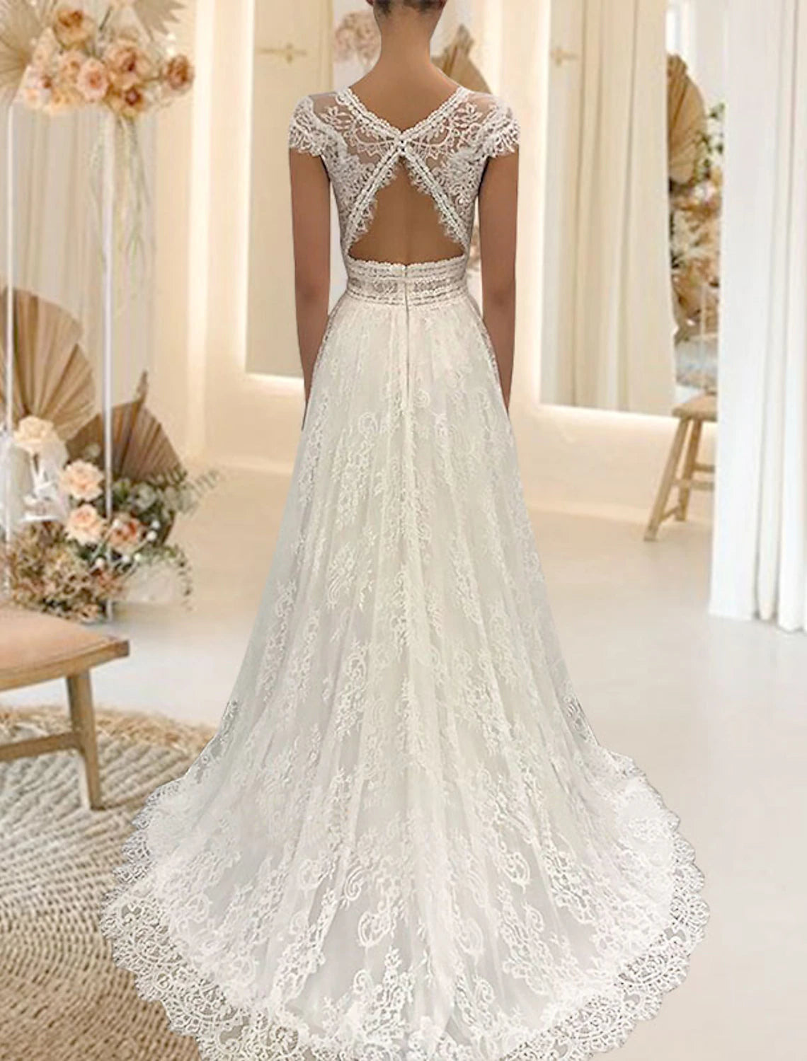 Wholesa Beach Open Back Wedding Dresses A-Line V Neck Cap Sleeve Sweep / Brush Train Lace Bridal Gowns With Appliques