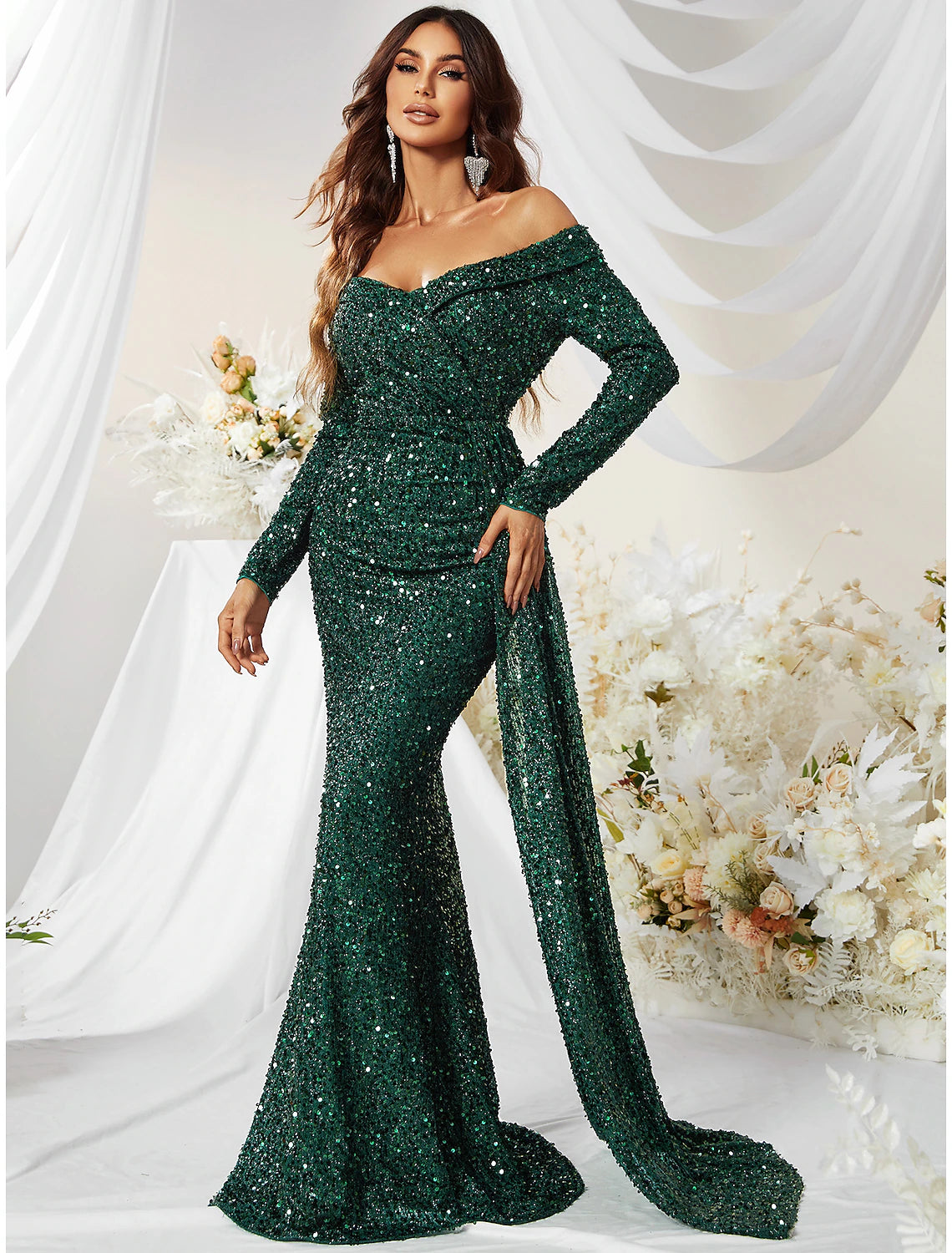 Wholesa Mermaid / Trumpet Evening Gown Sparkle & Shine Dress Formal Cocktail Party Sweep / Brush Train Long Sleeve Off Shoulder Polyester with Sequin