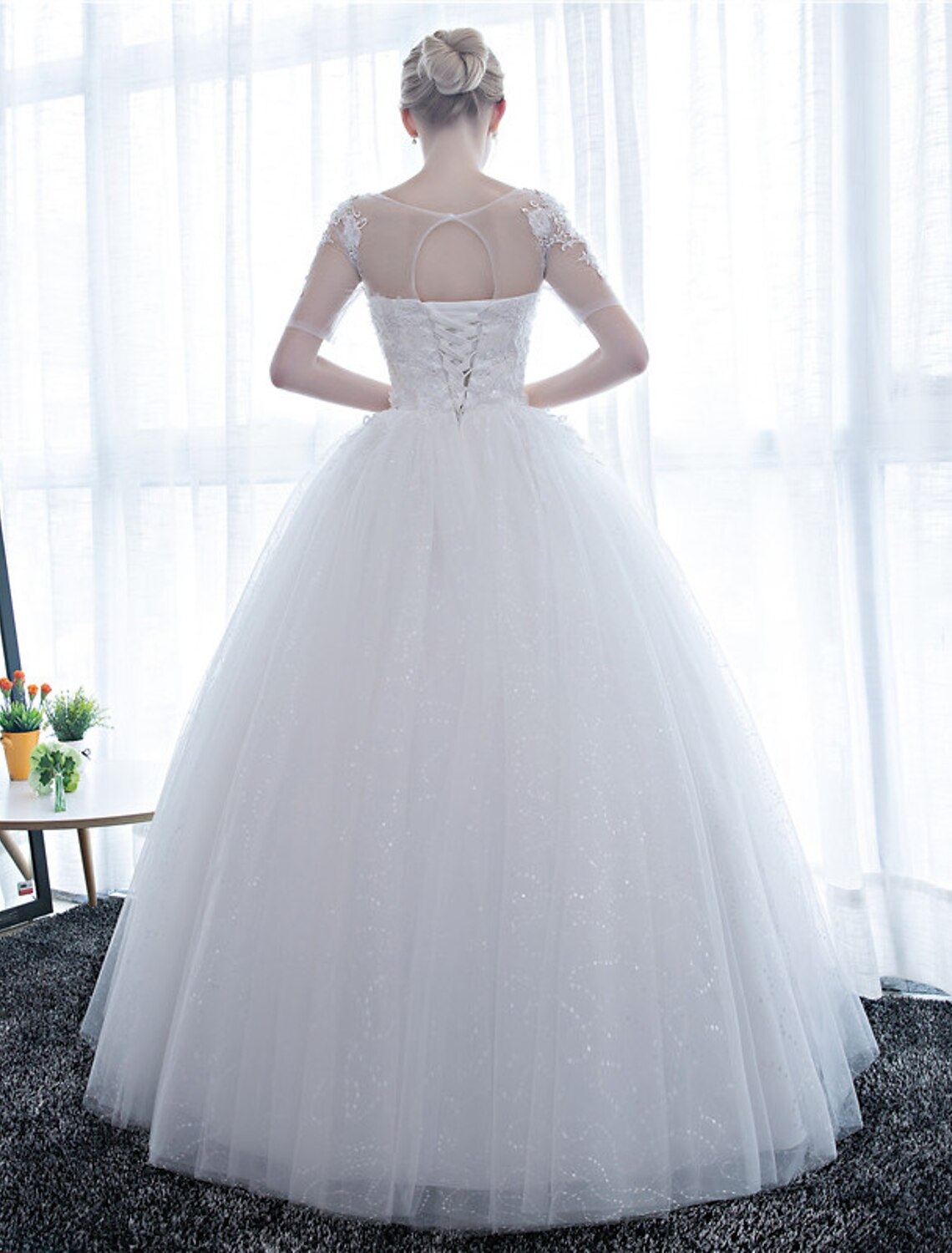 wholesale  Reception Formal Wedding Dresses Ball Gown Illusion Neck Half Sleeve Floor Length Satin Bridal Gowns With Lace