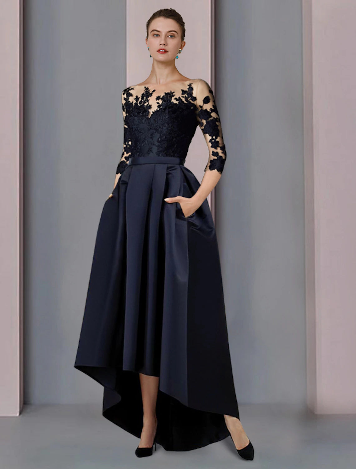 wholesale   A-Line Mother of the Bride Dress Wedding Guest Elegant High Low Scoop Neck Asymmetrical Tea Length Satin Lace 3/4 Length Sleeve with Pleats Appliques