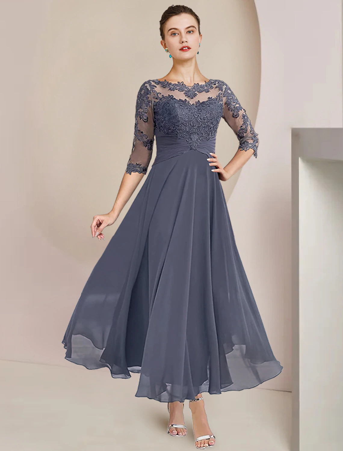 wholesale  Two Piece A-Line Mother of the Bride Dress Formal Wedding Guest Elegant Scoop Neck Tea Length Chiffon Lace 3/4 Length Sleeve Wrap Included with Appliques Ruching