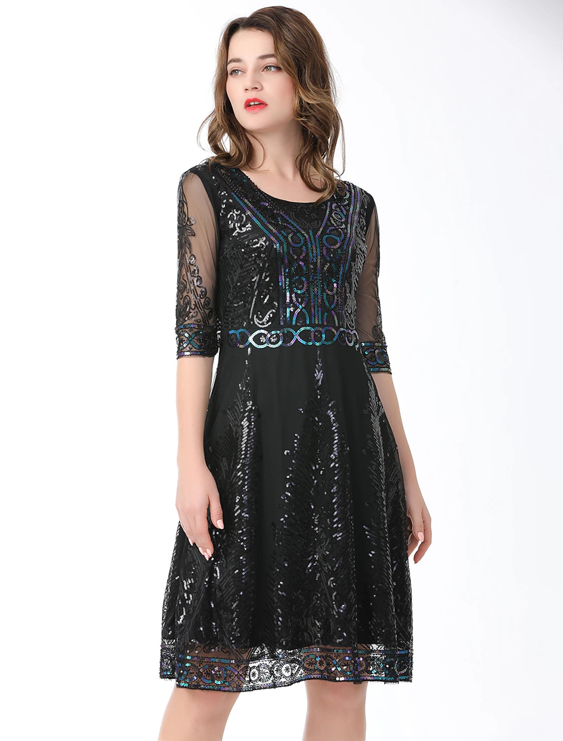 wholesa A-Line Elegant Vintage Holiday Party Wear Dress Jewel Neck Half Sleeve Knee Length Cotton Blend with Sequin Splicing