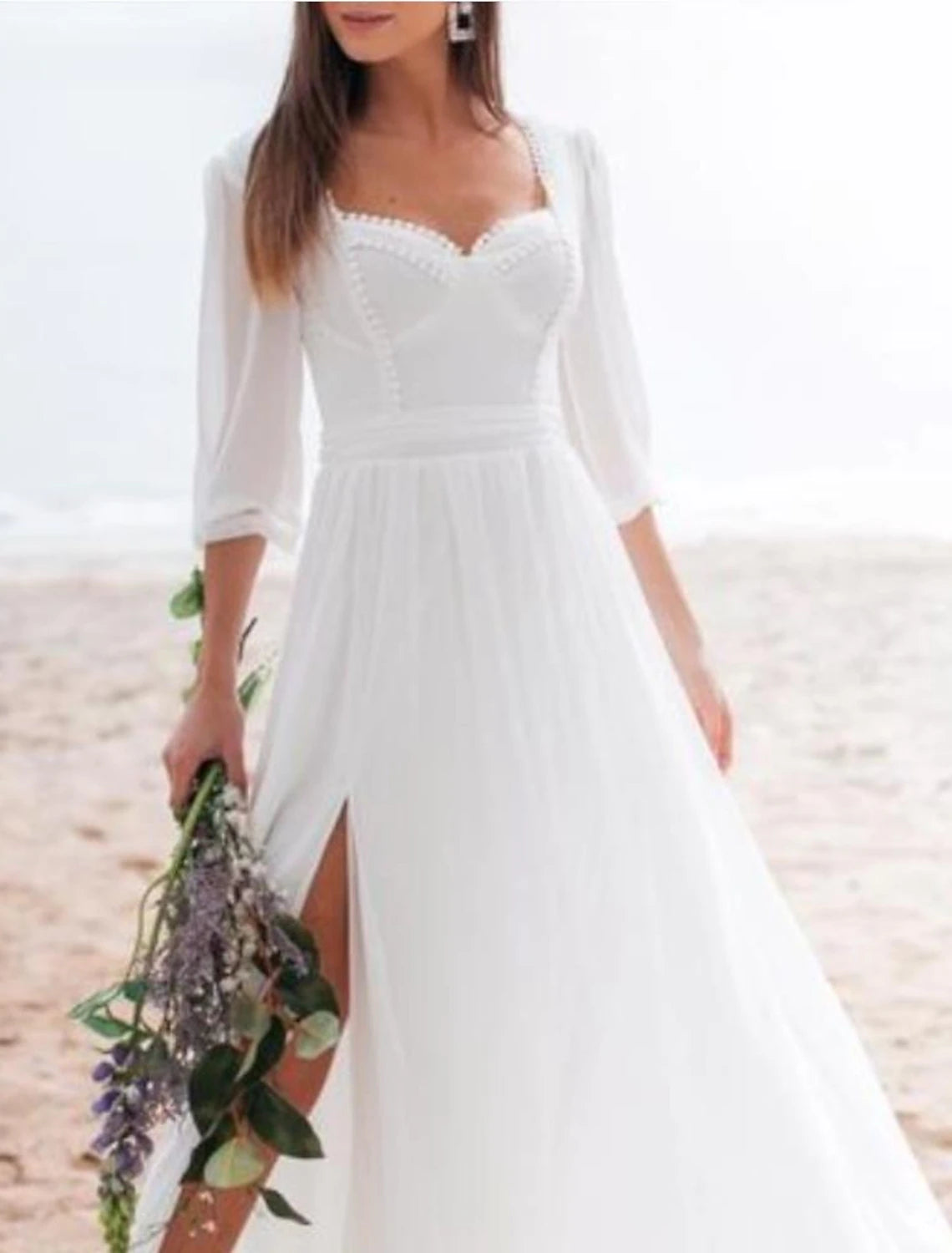 Wholesa Beach Little White Dresses Wedding Dresses A-Line Square Neck Long Sleeve Floor Length Chiffon Bridal Gowns With Ruched Split Front