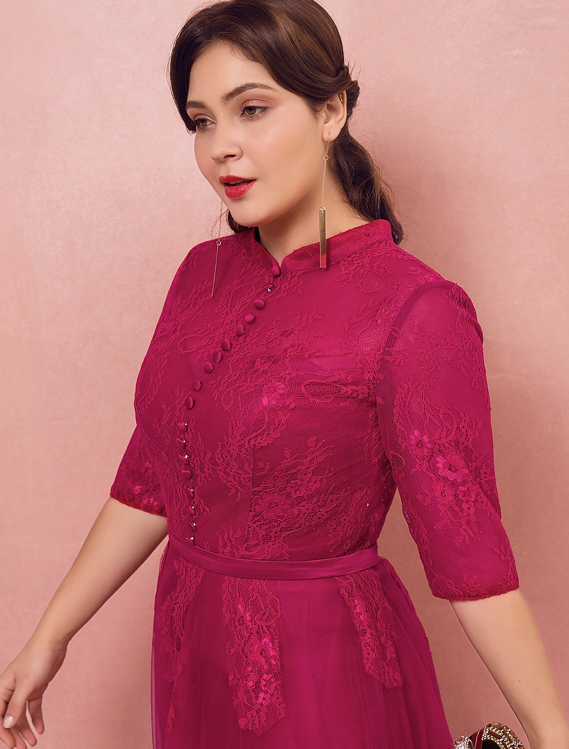 Wholesa A-Line Chinese Style Plus Size Engagement Formal Evening Dress High Neck Half Sleeve Floor Length Lace with Buttons