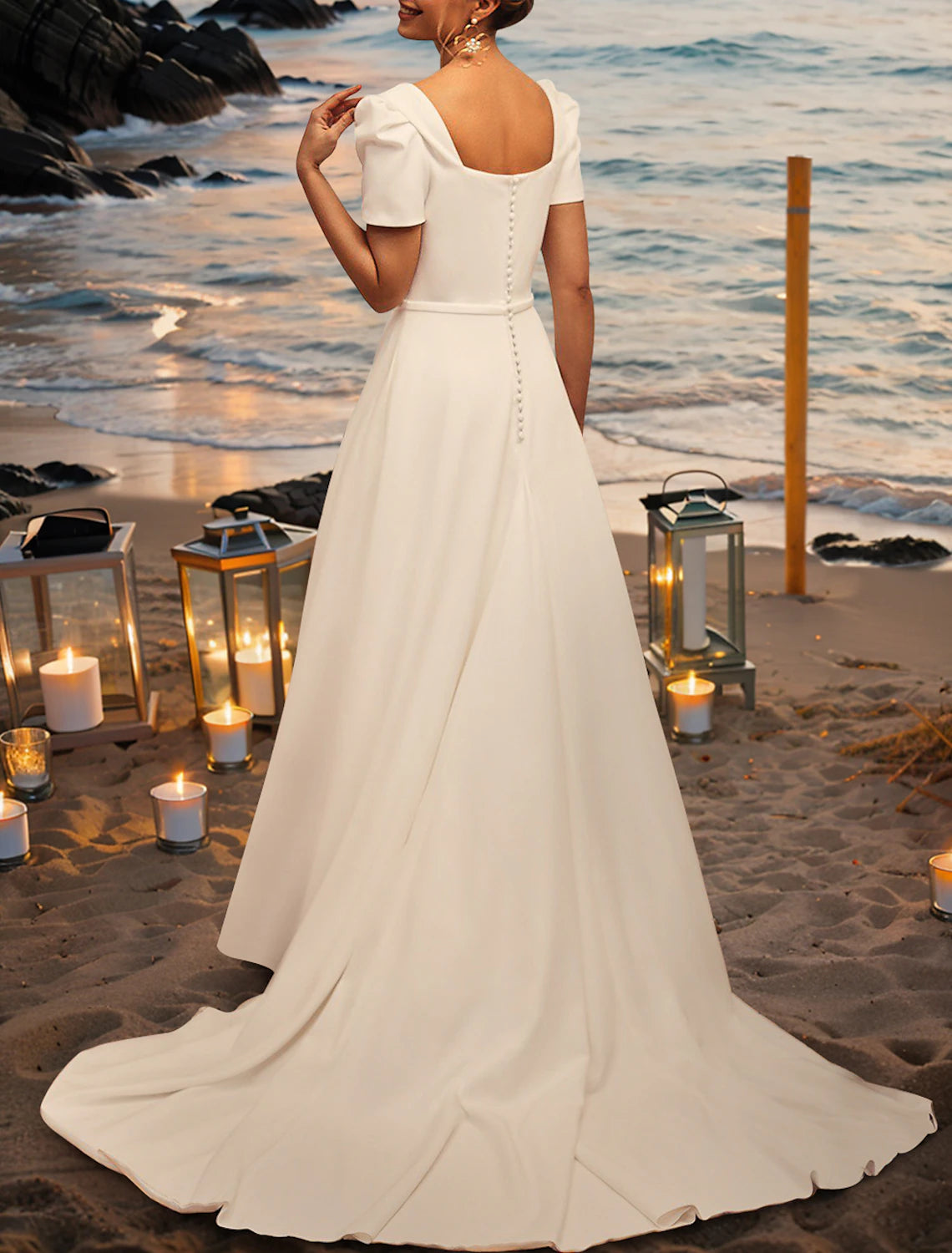 Wholesa Formal Wedding Dresses A-Line Square Neck Short Sleeve Court Train Stretch Fabric Bridal Gowns With Pleats Pocket