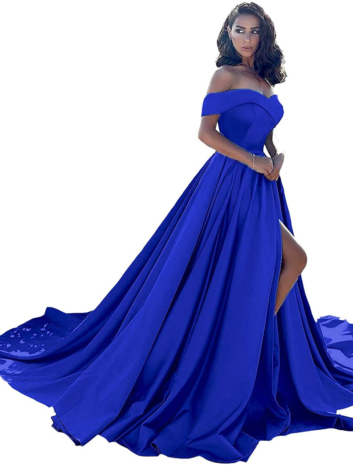 wholesa A-Line Minimalist Sexy Prom Formal Evening Dress Off Shoulder Sleeveless Chapel Train Satin with Split Front