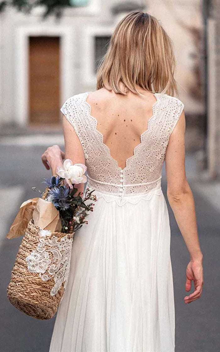 Wholesa A Line Chiffon Low-V Back Lace V-neck Short Sleeve Wedding Dress