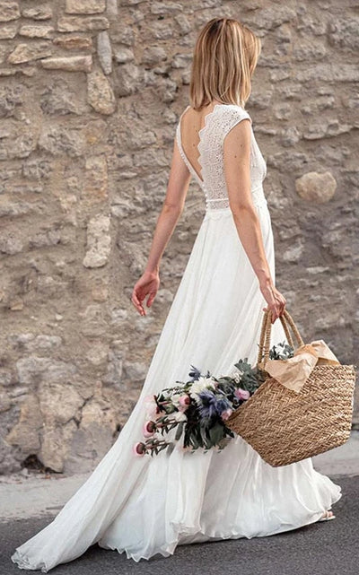 Wholesa A Line Chiffon Low-V Back Lace V-neck Short Sleeve Wedding Dress