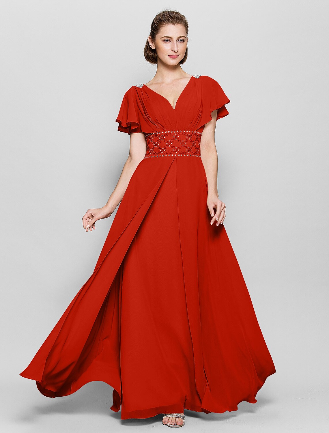 wholesale  A-Line Mother of the Bride Dress Beautiful Back V Neck Floor Length Chiffon Short Sleeve No with Criss Cross Beading