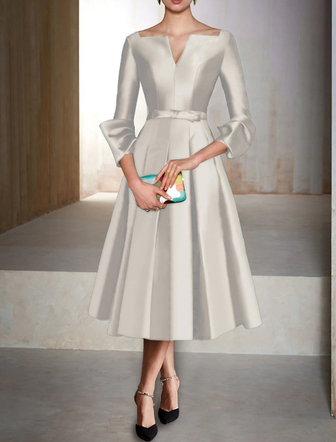 Wholesa A-Line Cocktail Dress Red Green Dresses Elegant Dress Formal Wedding Guest Tea Length 3/4 Length Sleeve V Neck Satin with Pleats