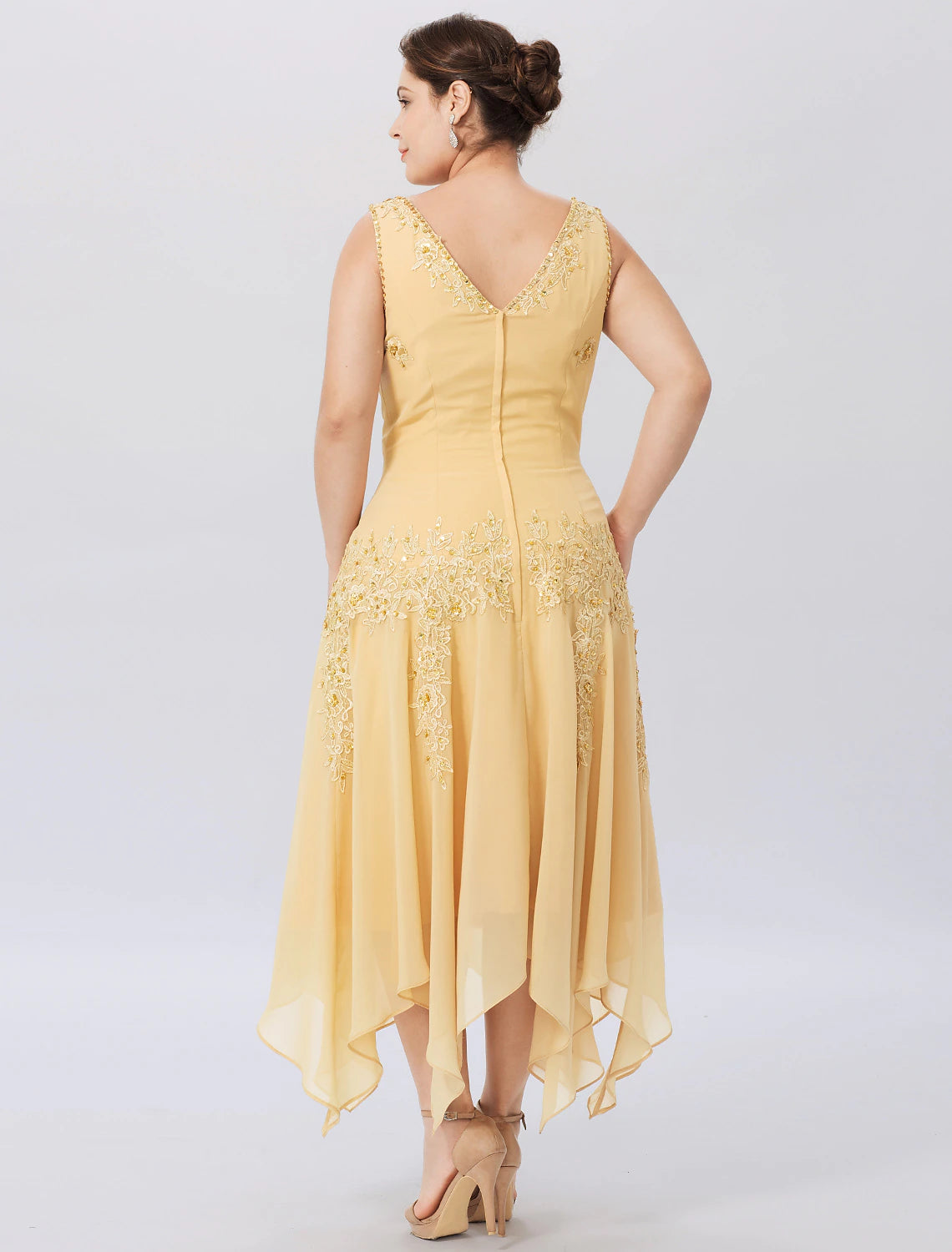 wholesale  A-Line Mother of the Bride Dress Formal Plus Size Elegant High Low V Neck Asymmetrical Chiffon Beaded Lace Long Sleeve Wrap Included with Beading Appliques