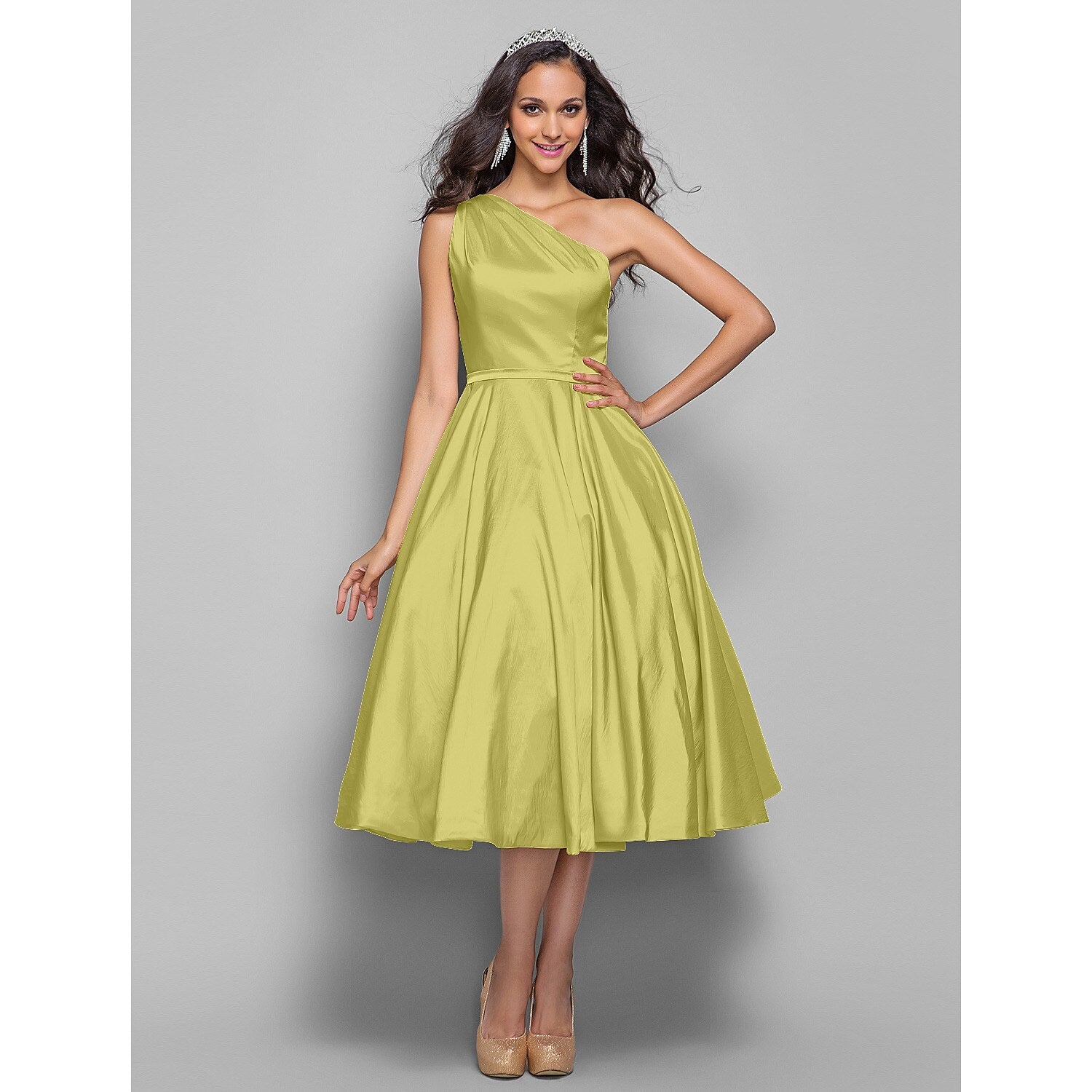 wholesale  A-Line Minimalist Elegant Cocktail Party Wedding Party Dress One Shoulder Sleeveless Tea Length Taffeta with Sash / Ribbon